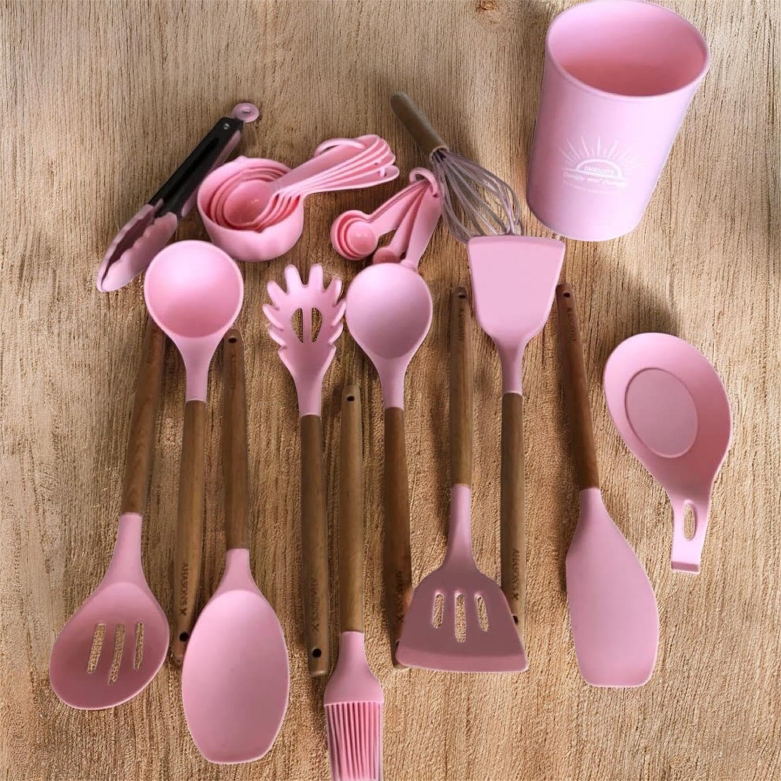 AHASON'S Set di 33 utensili da cucina in silicone antiaderente con supporto, manico in legno resistente al calore, set di utensili da cucina in silicone