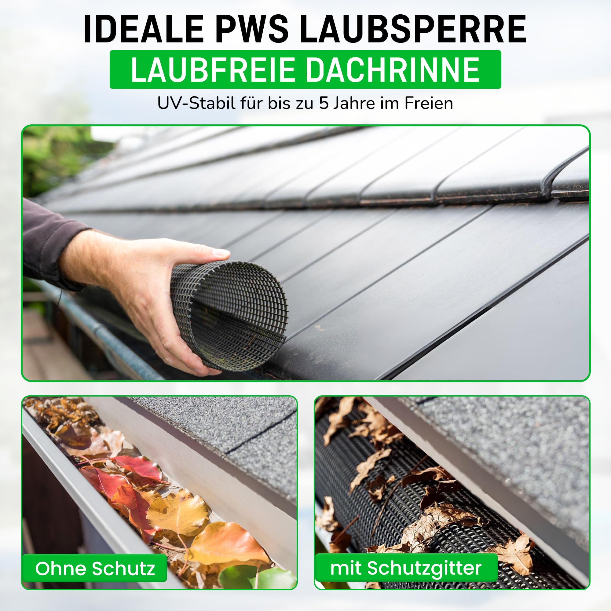 PWS 10x 2m Dachrinnenschutz Ø100-125 mm | Laubschutzgitter für Regenrinne | Dachrinnengitter Laubfang, UV-beständig, einfache Montage Schwarz | Laubstop laubfreie Dachrinne