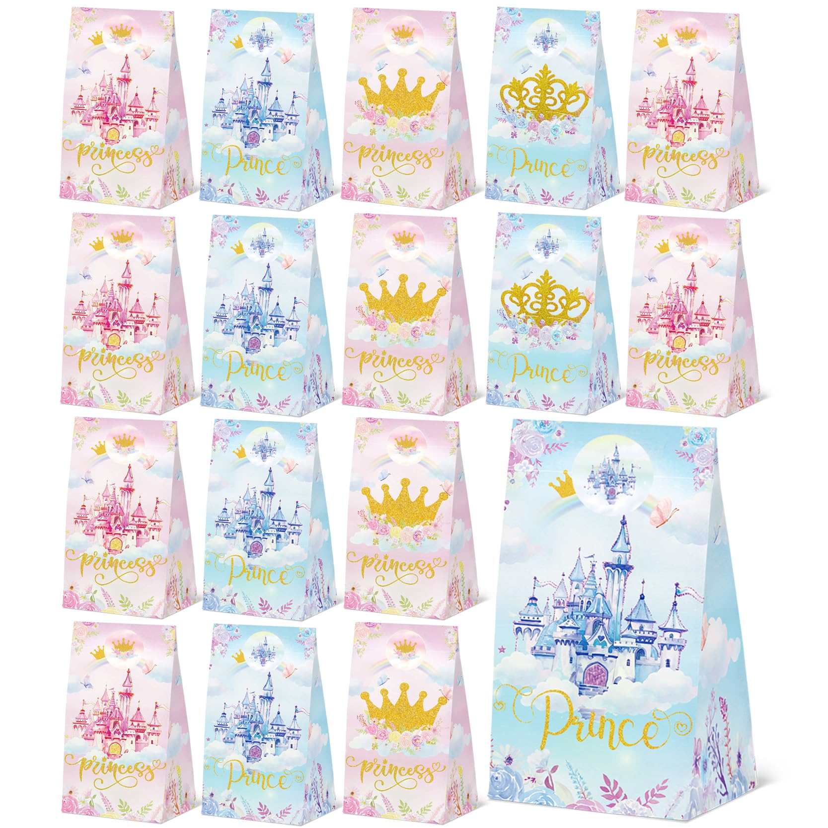 24 Pcs Princess Prince Party Gift Bags with Stickers,Castle Themed Birthday Party Favor Bags for Princess Prince Party,Gender Reveal & Wedding Decorations Supplies