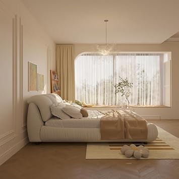 Luxury King Size Upholstered Platform Bed with Oversized Padded Headboard, Solid Wood Slats & Frame, Squeak-Free, Supports Multiple Mattress Heights, No Box Spring Needed, Cream Beige