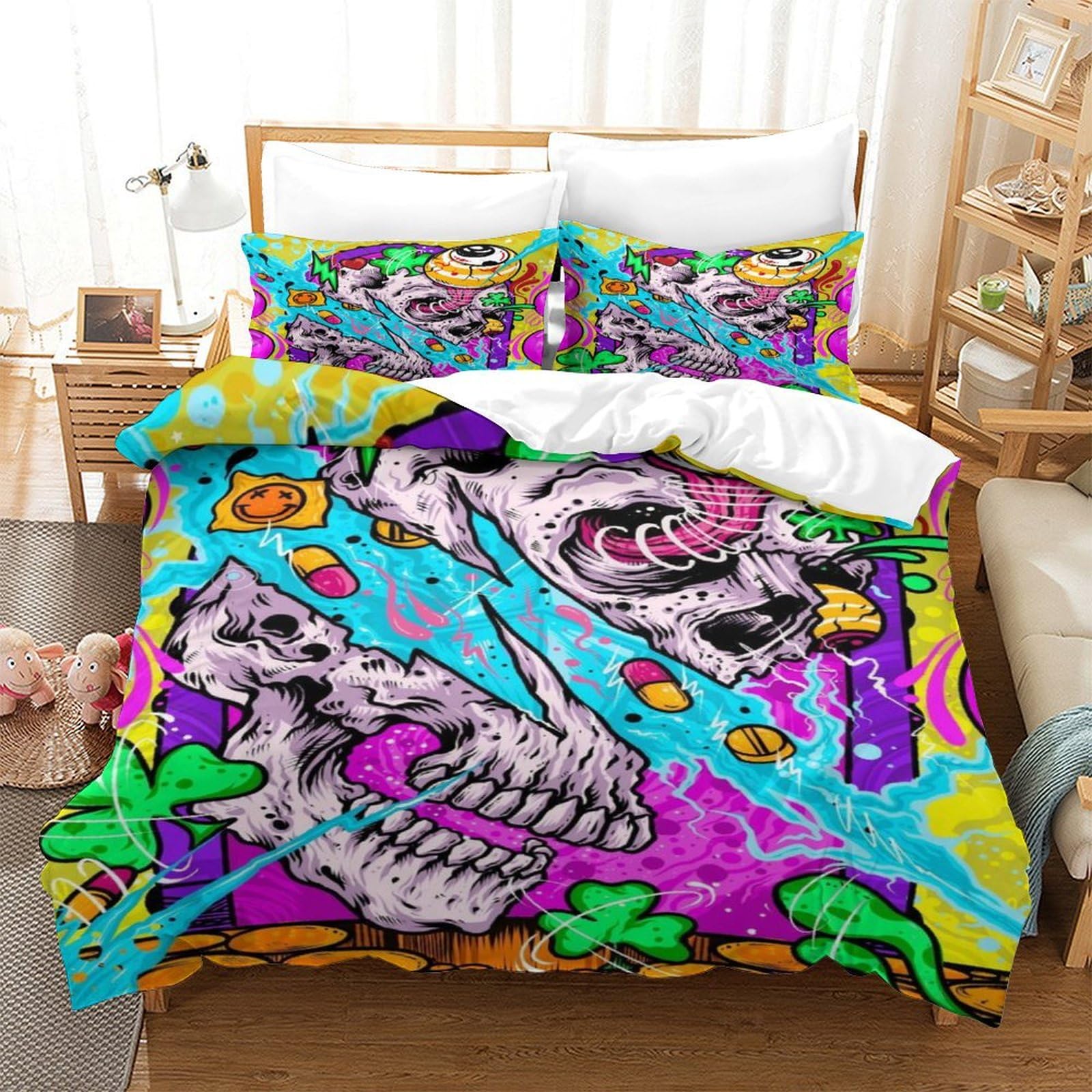 LILIlaobiao Graffiti Breathable Bedding Set Hidden Zipper Doodles Duvet Cover Set with Pillowcases Quilt Cover Set Soft Microfiber 3D Printing Comforter Cover Double（200x200cm）