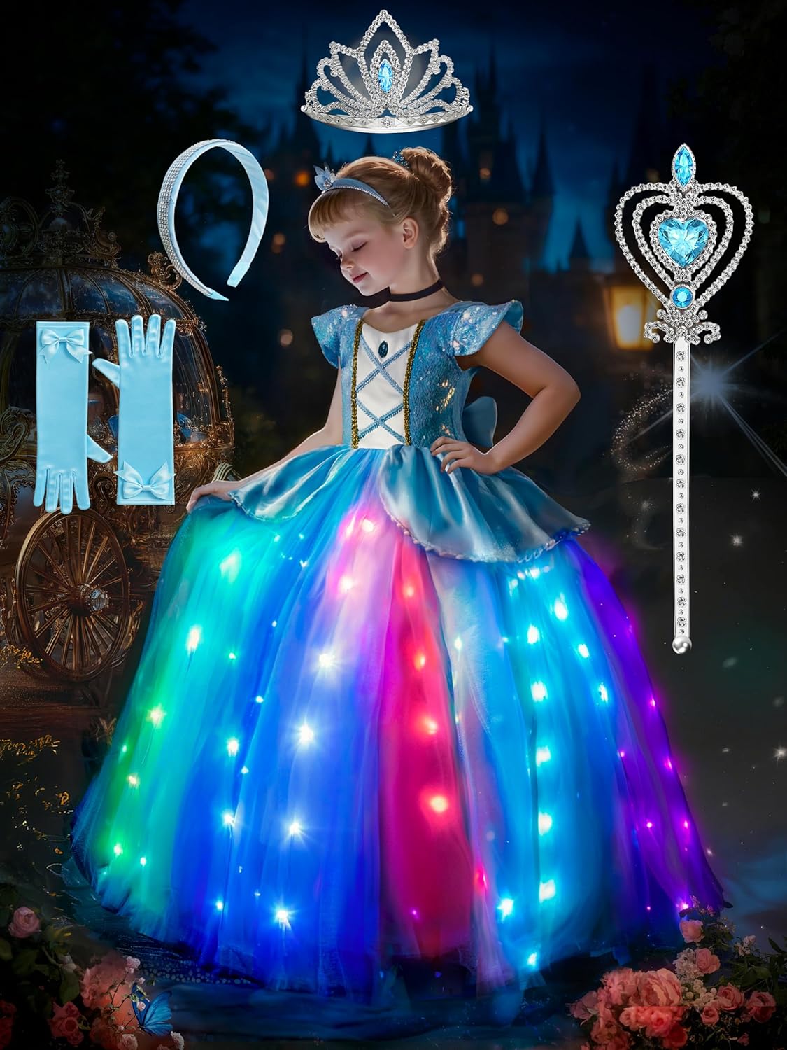 Princess Dress Up for Girls, RGB LED Light Up Syncs Music App Control, Toddler Princess Dress Up Halloween Costume