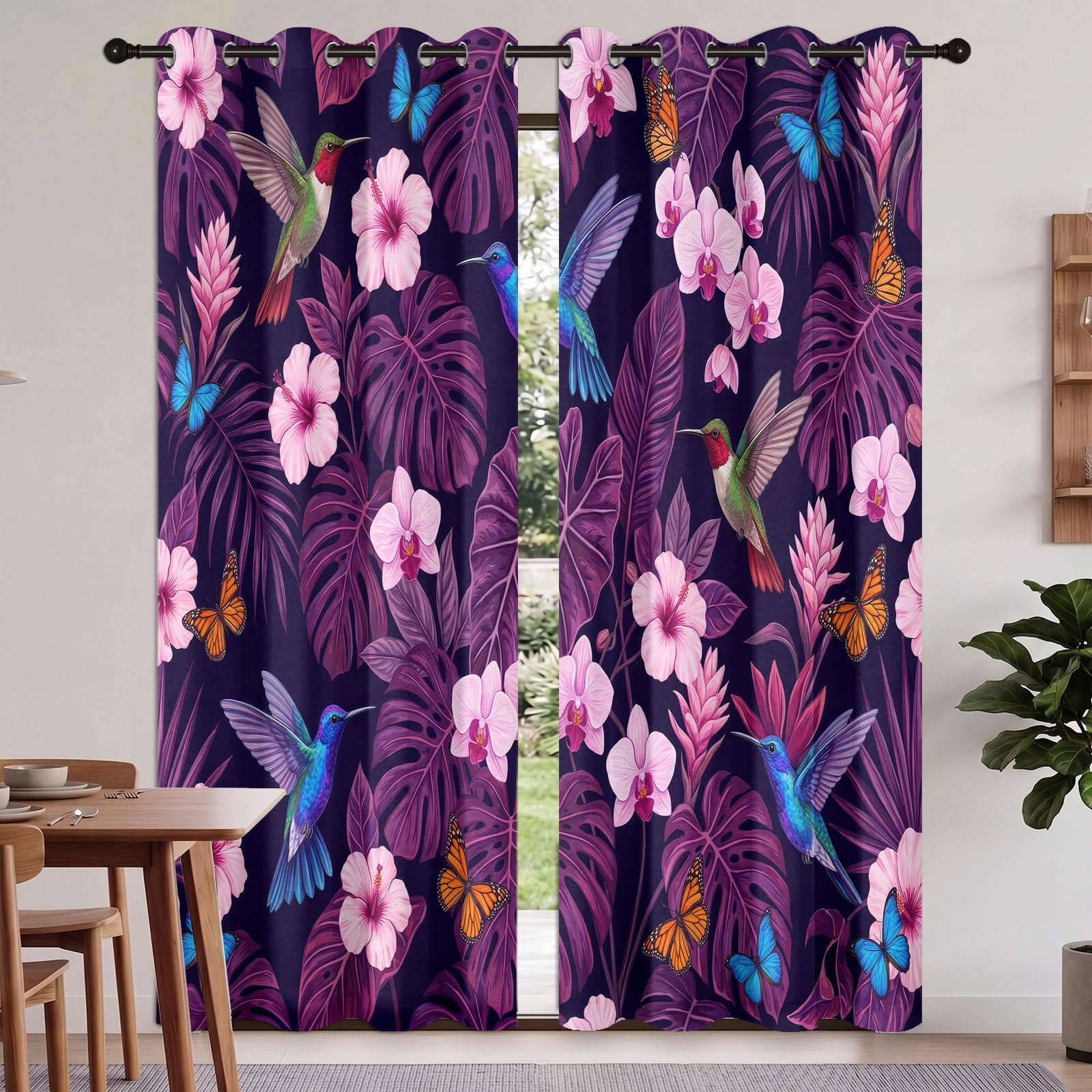 Blickdichte Vorhänge mit Ösen H 175 x B 140 cm (2er Pack) Tropisch Blumig Bedruckte Thermovorhänge Vorhänge - für Wohnzimmer Schlafzimmer, Voegel Schmetterlinge Orchideen Blaetter Verdunkelungsvorhang