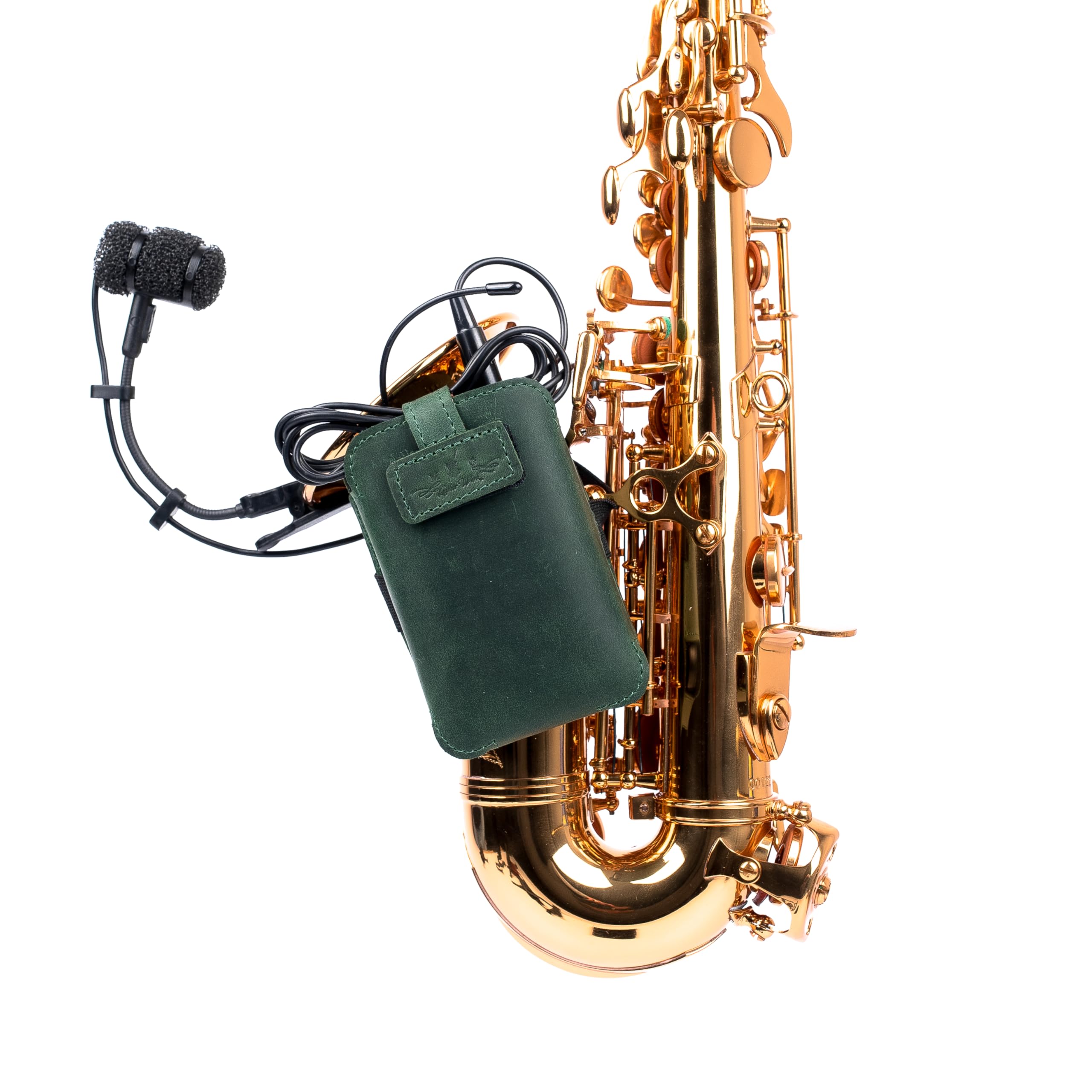 Sassofono microfono trasmettitore porta microfono in vera pelle cinghie elastiche regolabili per vestibilità sicura ideale per jazz, studio, concerti dal vivo (verde)