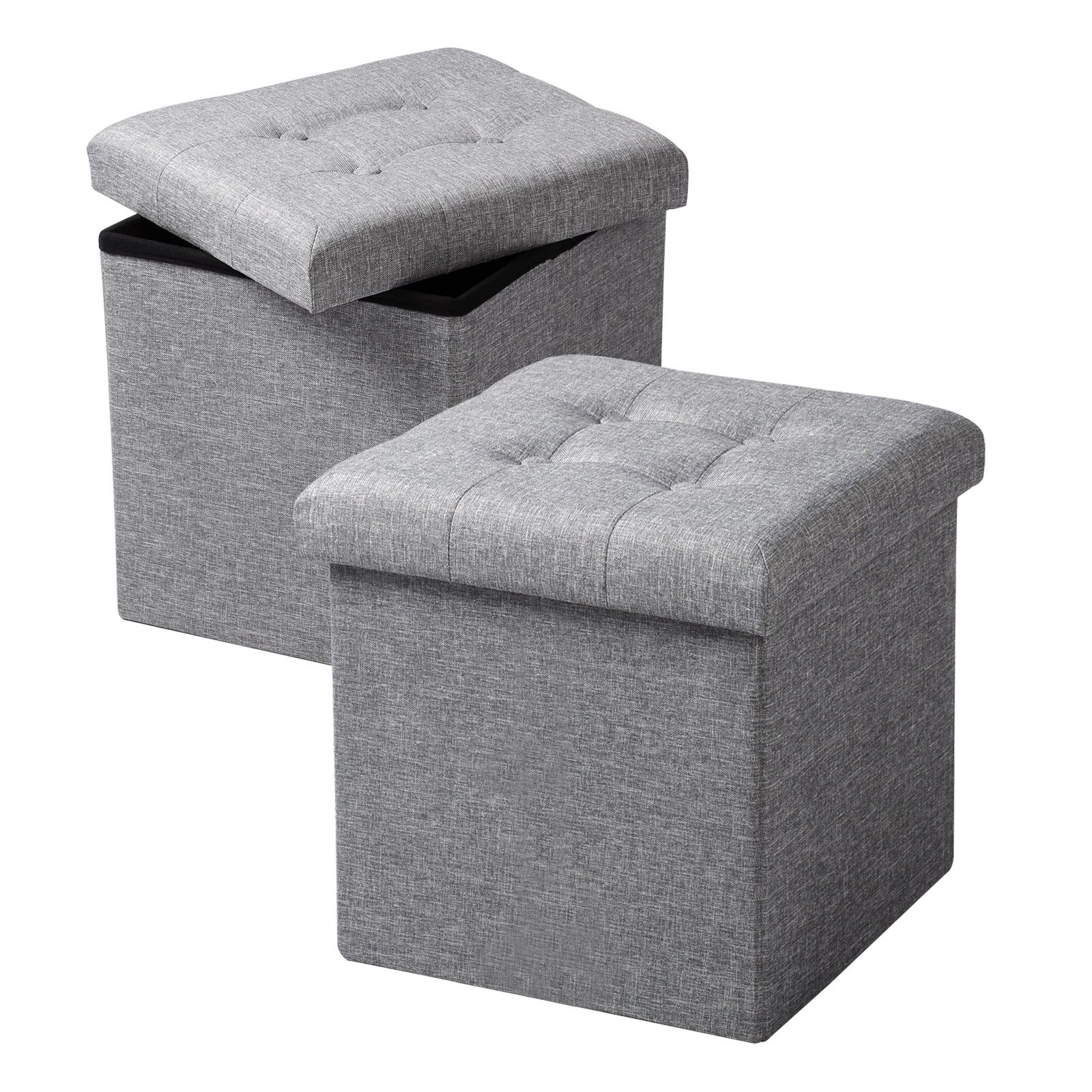 WOLTU Juego de 2 Taburetes con Almacenamiento Plegable, Asiento de Lino Acolchado, Tapa Extraíble 37.5x37.5x38CM (LxWxH) Gris Claro