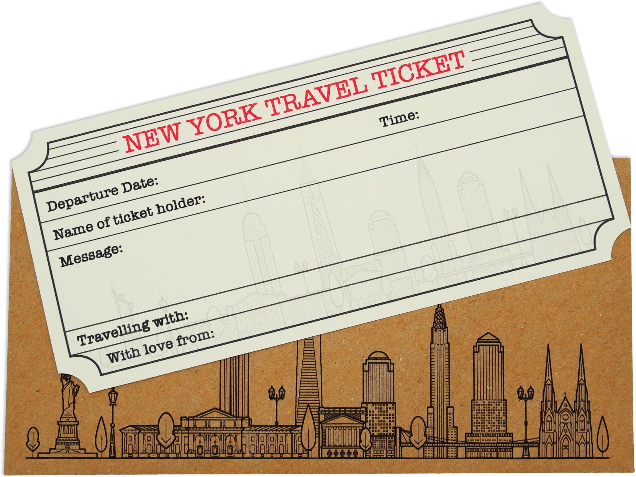 New York White (with Gold Shimmer Effect) Travel Ticket and Envelope (DIY). New York Themed (DIY) Ticket Surprise.