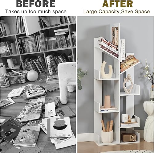 Miniatura 4 de VECELO Estantería de árbol con 8 estantes, estantes industriales de madera para CD, películaslibros, organizador independiente con forma de árbol