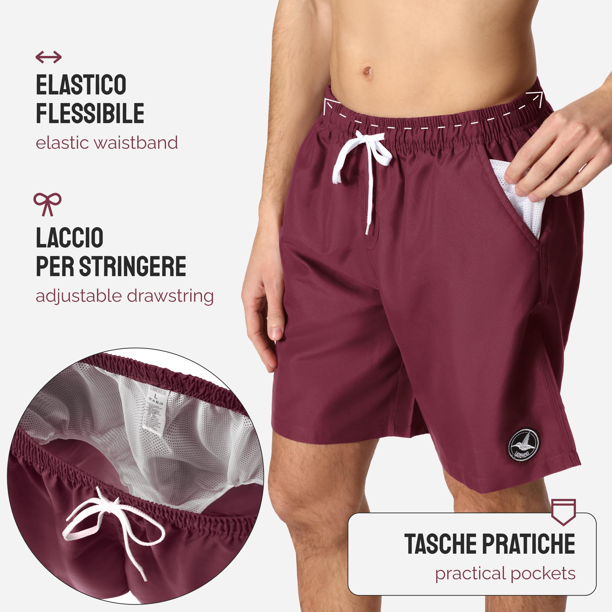Ladeheid Costume Uomo Mare Lungo con Taschino, Medium Drawstring, Fodera in Rete, Costumi da Bagno, Boxer per la Spiaggia, la Piscina e Il Surf LA40-129