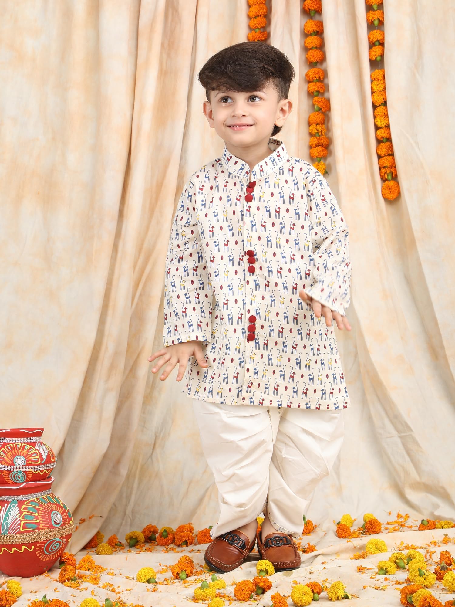 POLKA TOTS Premium Cotton Dhoti Kurta Set Boys Kids Ethnic Wear Dhoti Kurta Traditional Dress for Toddlers | Full Sleeve Angrakha Kurta set for Boys (Cat Print, 12-18 M) 2