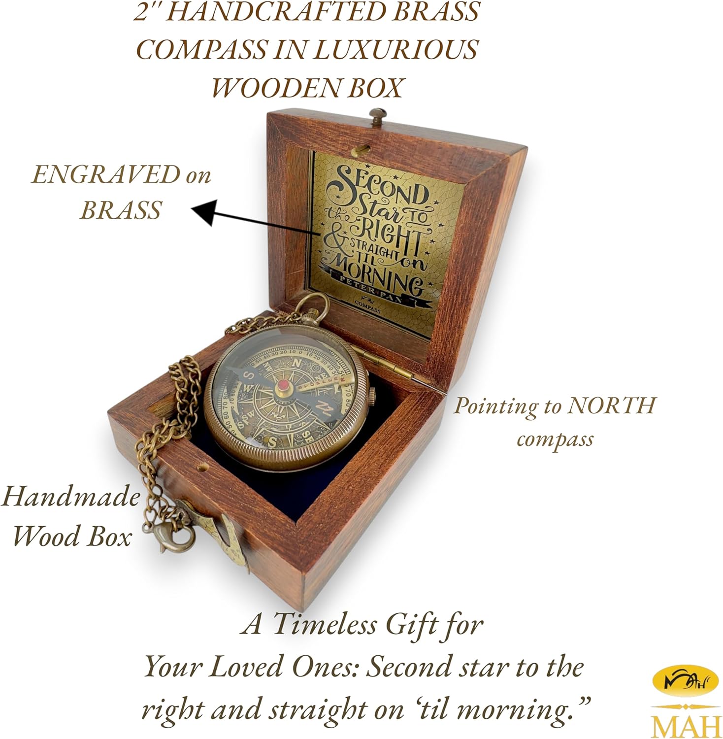 Brass Compass with “Second Star to the Right” Embossed Dial – Inspirational Pocket Compass Gift for Son, Daughter, or Friend | Motivational Keepsake for Graduation, Birthday, Christmas, or Travel gift