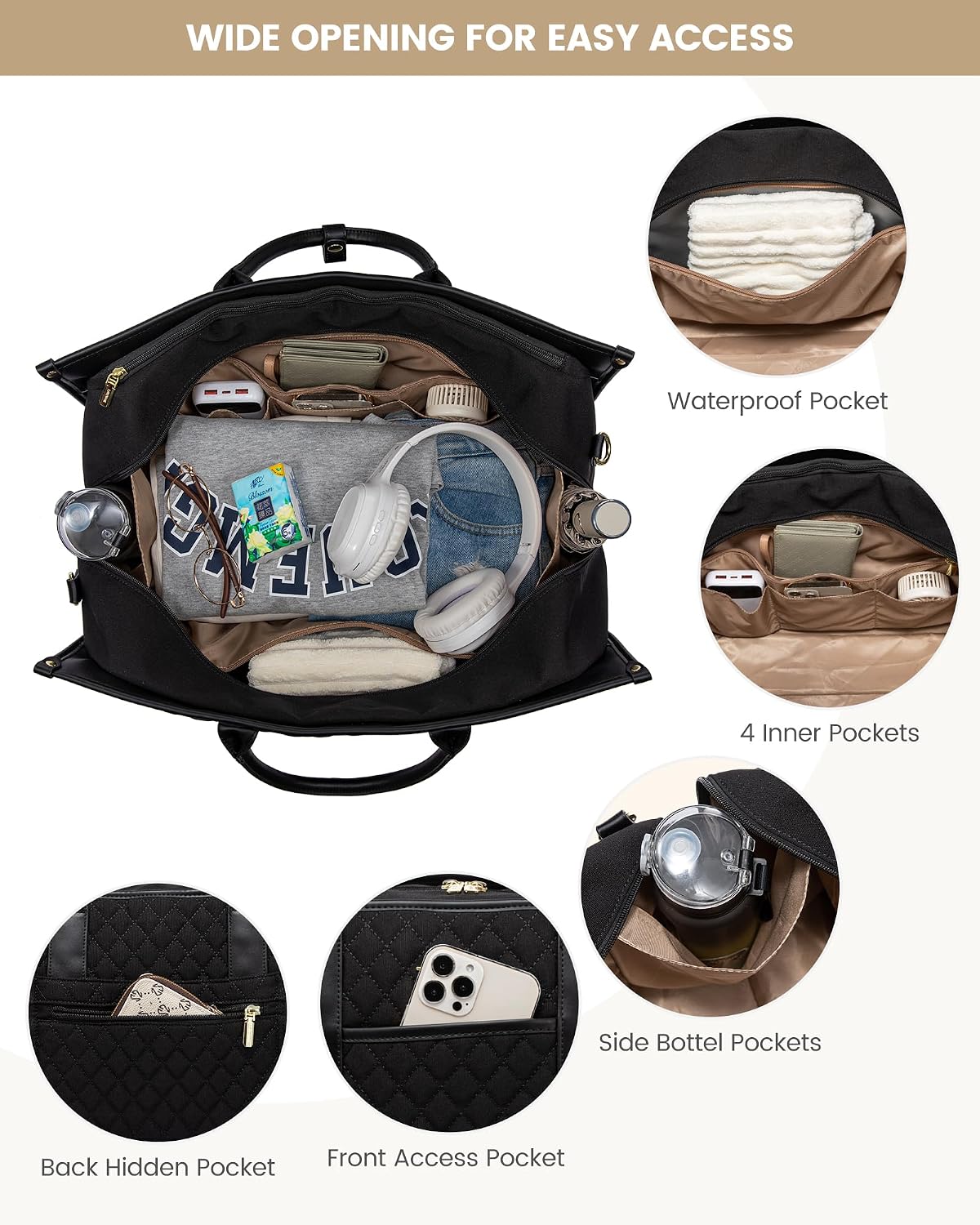 LOVEVOOK Travel Weekender Bags for Women, Quilted Carry On Duffle With Laptop Compartment Airplanes Approved, Large Overnight Bag with Toiletry Bag for Hospital Labor and Delivery, 4 Pcs Set, Black