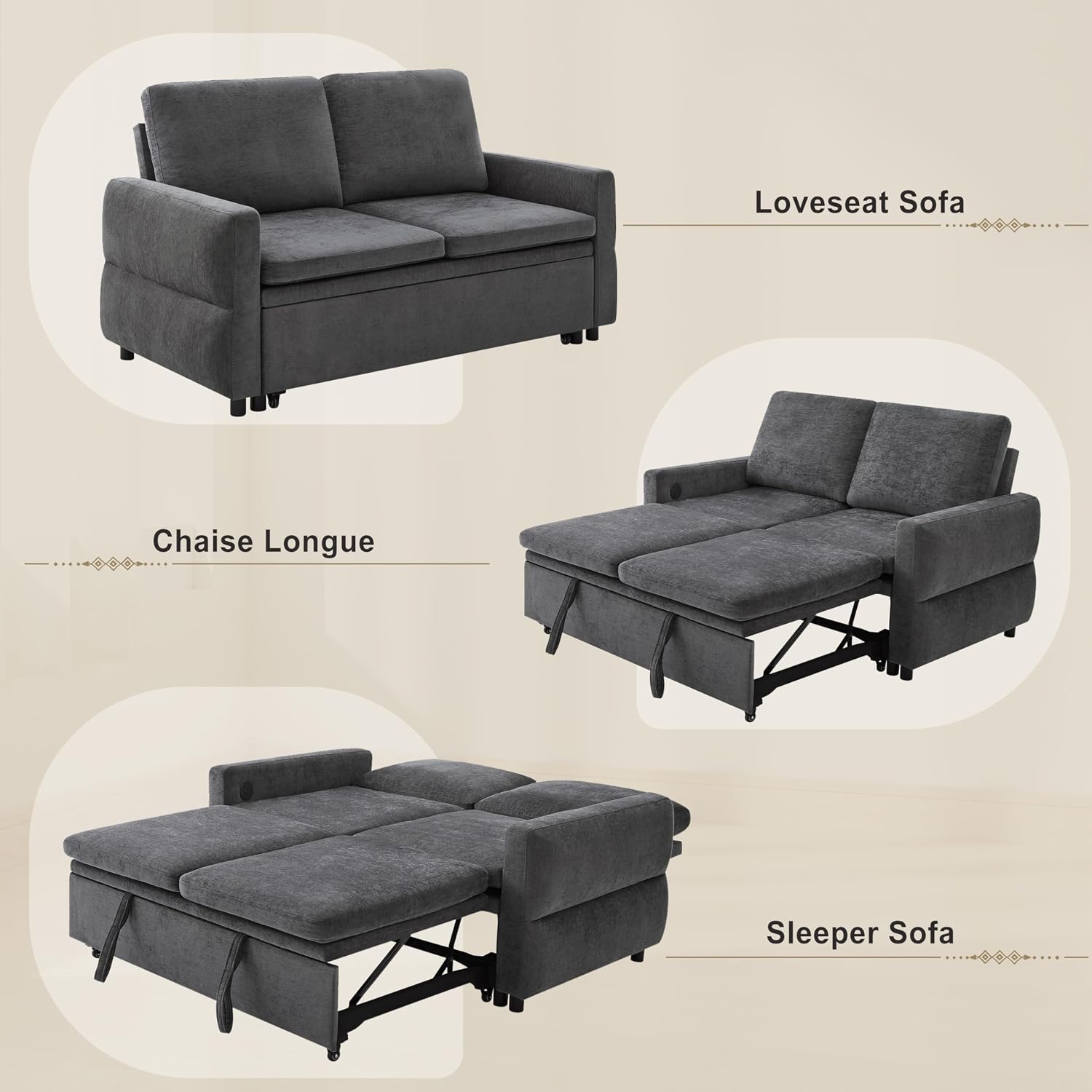P PURLOVE Convertible Sofa Bed, Sleeper Couch, Loveseat with Adjustable Backrest and USB Ports for Living Room, Grey
