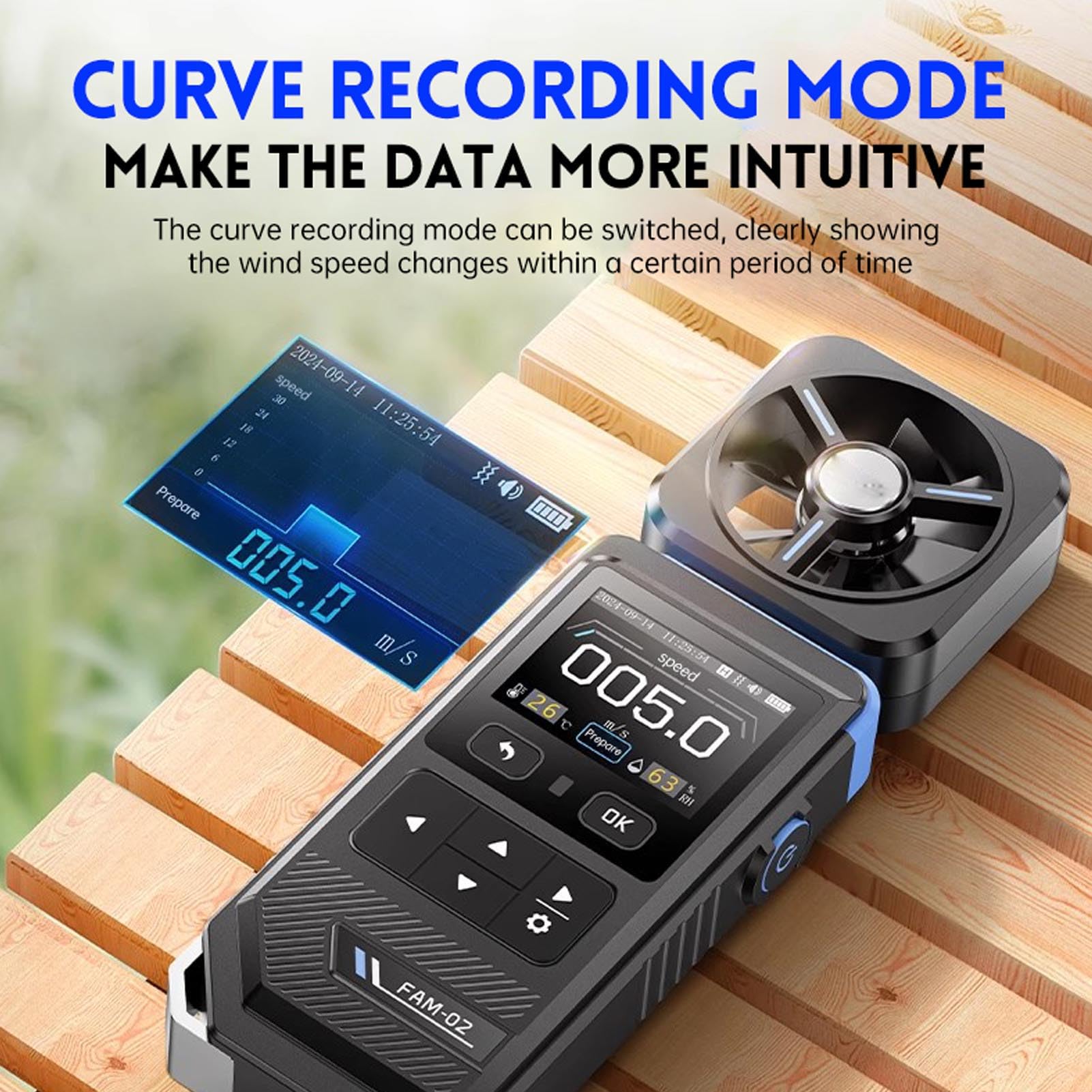ViaGasaFamido Anemometro Digitale Portatile Misuratore di velocità e Temperatura del con Display a Colori Portata 30 M/s Ricaricabile Tramite USB per Uso Interno Esterno