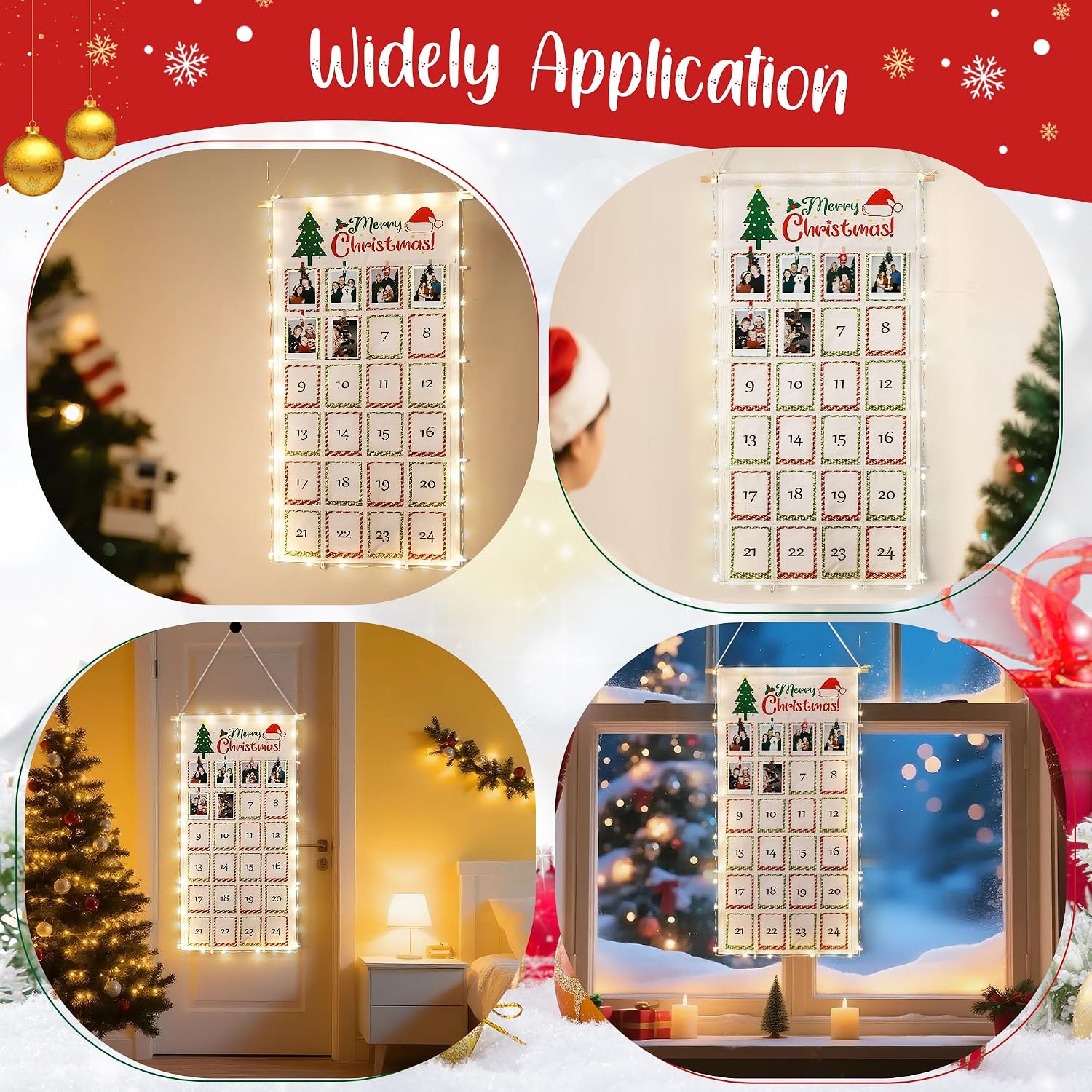 Christmas Picture Countdown Board, Photo Advent Calendar with Christmas Clips, Photo Display Collage Board with Pockets, Reusable Festival Memory Countdown (33 In)