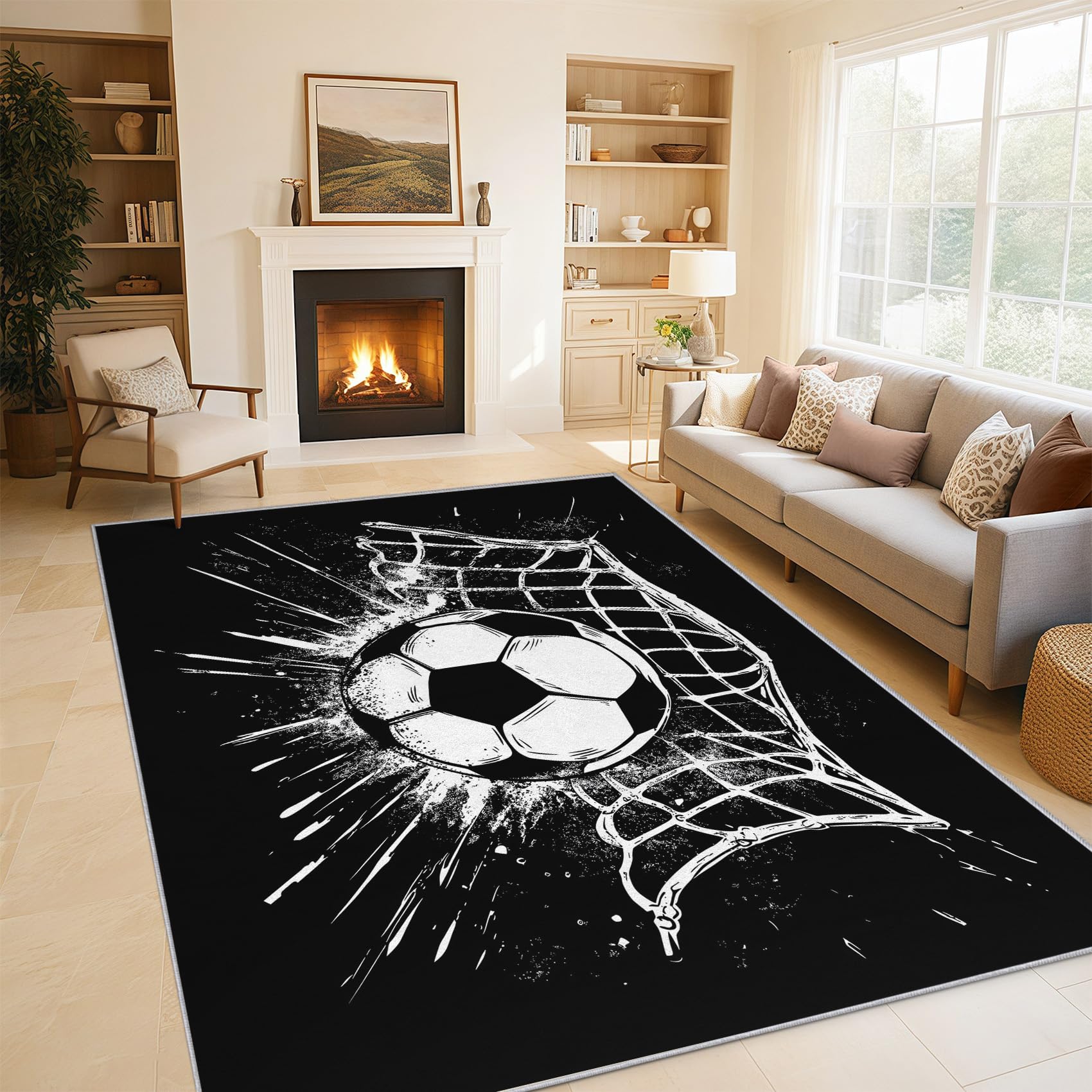 Générique Tapis Salon Foot, Tapis Chambre Noir Blanc Football, Doux Flanelle Poil Court 60x110 cm - Lavable Antidérapant Paillasson H-21