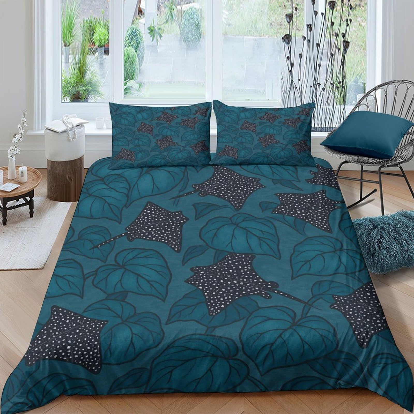 GPLZQXKJNH 3D Printed Teal Leaf Pattern Duvet Cover Microfiber Breathable Dark Botanical Bedding Set with 2 Pillowcases for Bedroom Décor Single（135x200cm）