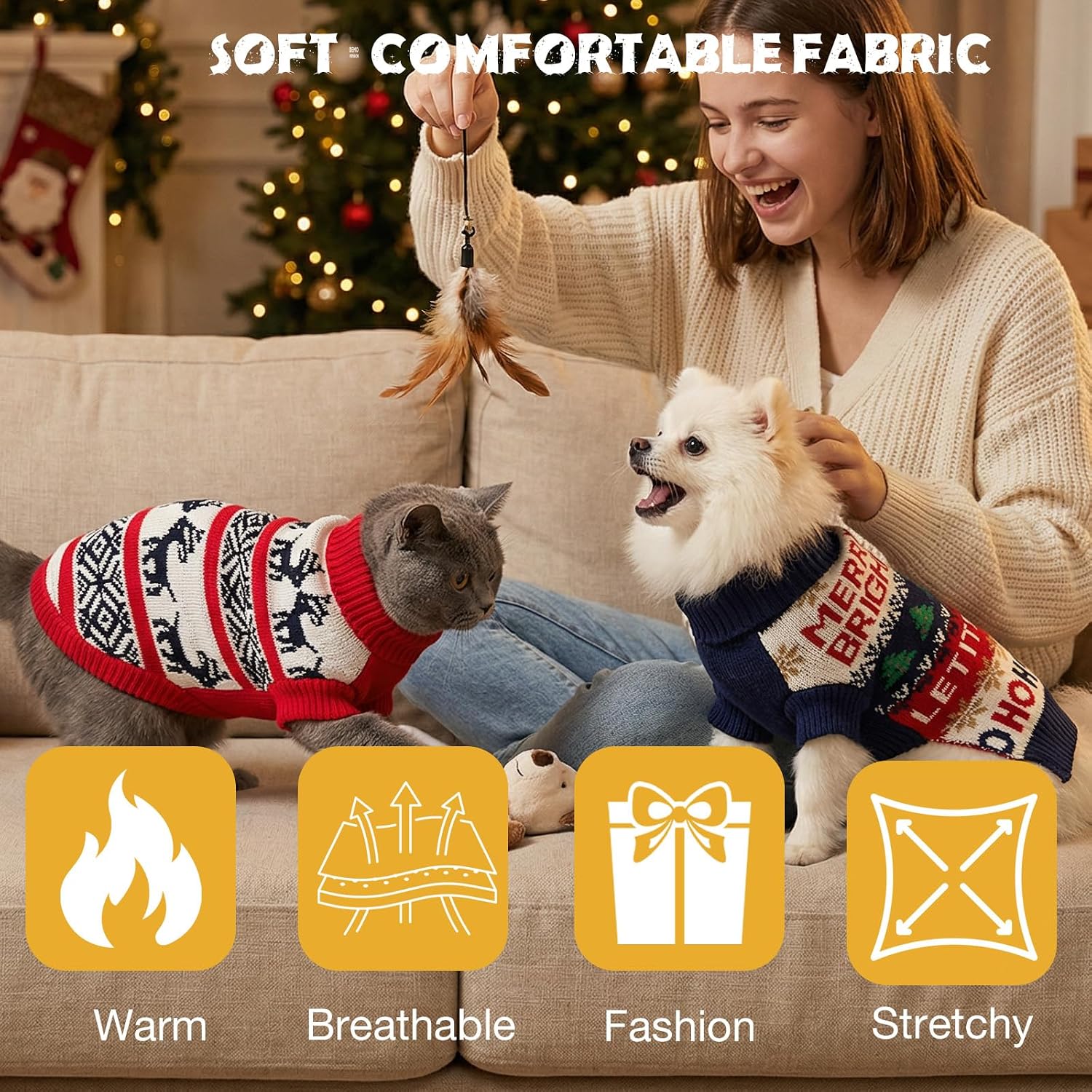 2 Pack Dog Cat Sweaters Size L - Warm Knit Pet Sweater Bundle for Medium Dogs Large Cats 8-10kg, Soft Turtleneck Winter Pet Clothes with Colorful Patterns, Pullover Apparel for Dogs Cats Pets