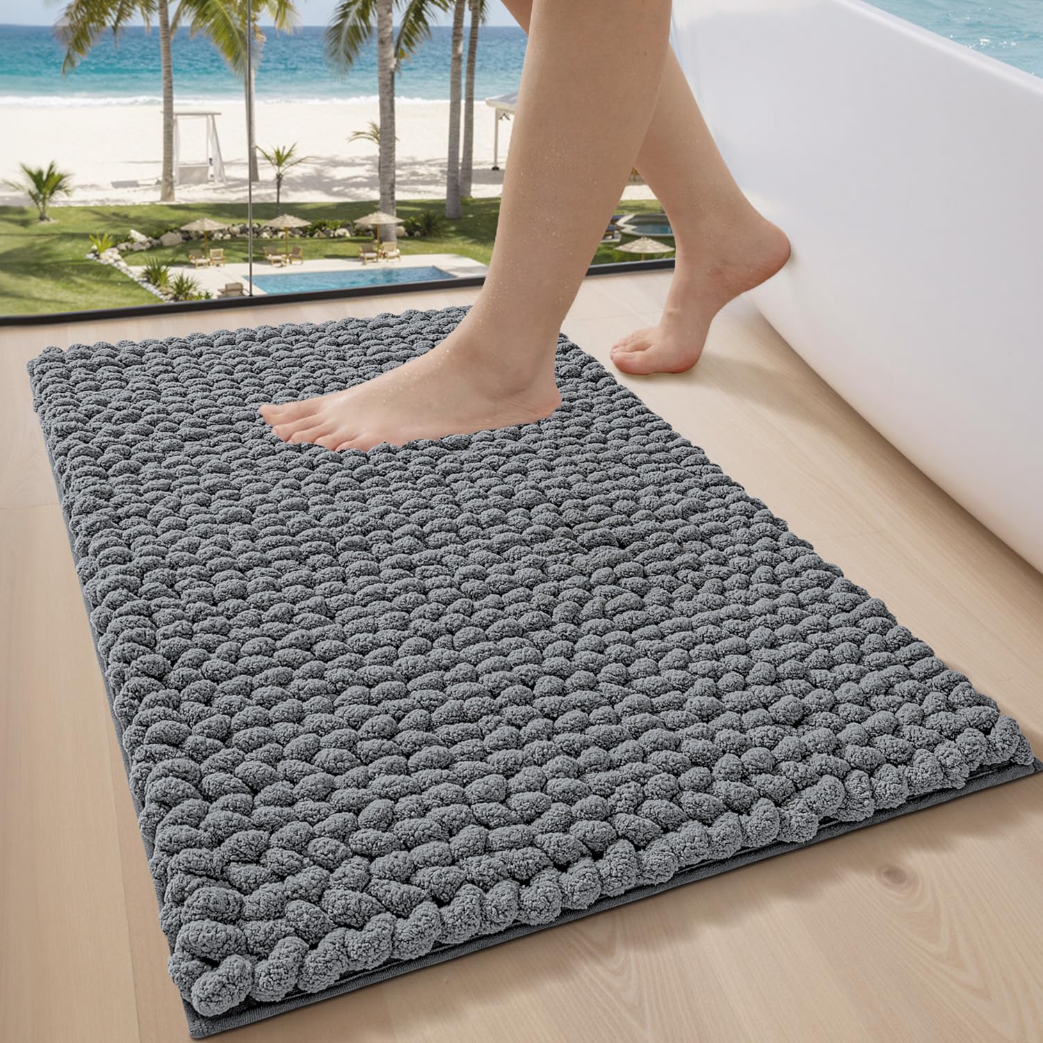 LUMI Luxury Chenille Bath Mat, Ultra Soft Non Slip Thick Bathroom Rug, Machine Washable Quick Dry Rugs, Cozy Braid Design Floor Mat for Bathtub, Sink, Laundry, Grey, 40x60cm