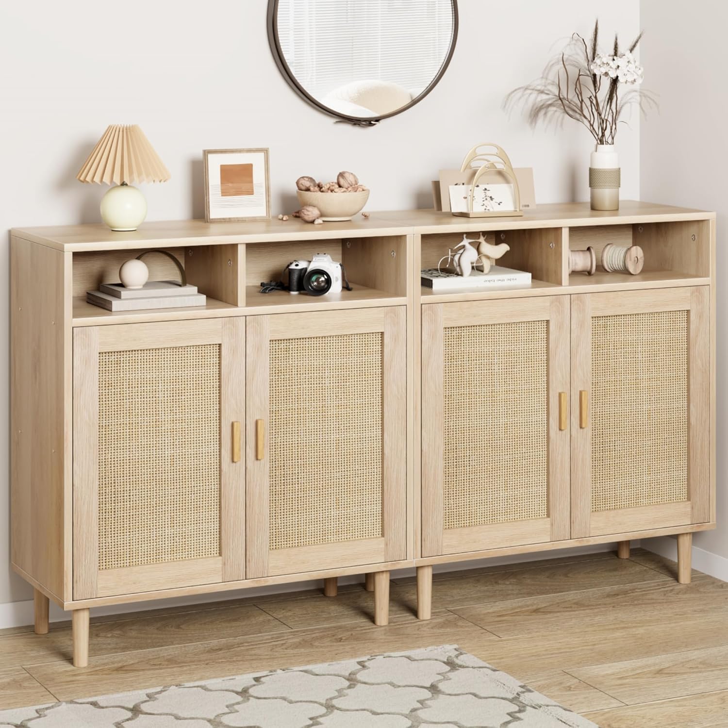 Set of 2 Sideboard Buffet Cabinet, Rattan Cabinet with 2 Doors, Accent Kitchen Storage Cabinet, Cupboard Console Table,Modern Coffee Bar Cabinet for Kitchen Dining Room Entryway Living Room, Natural