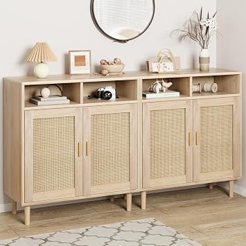 Set of 2 Sideboard Buffet Cabinet, Rattan Cabinet with 2 Doors, Accent Kitchen Storage Cabinet, Cupboard Console Table,Modern Coffee Bar Cabinet for Kitchen Dining Room Entryway Living Room, Natural