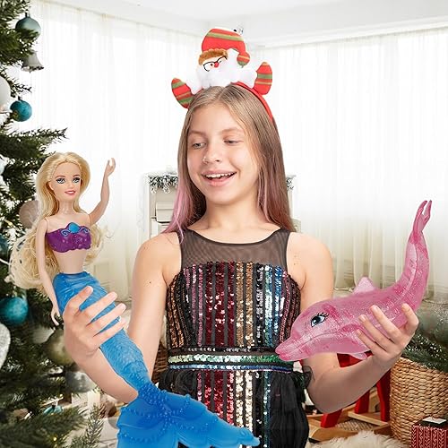 Miniatura 5 de BETTINA Juego de muñeca de princesa sirena, cola de sirena que cambia de color de temperatura, muñeca de vestir de 12 pulgadas y delfín rojo claro