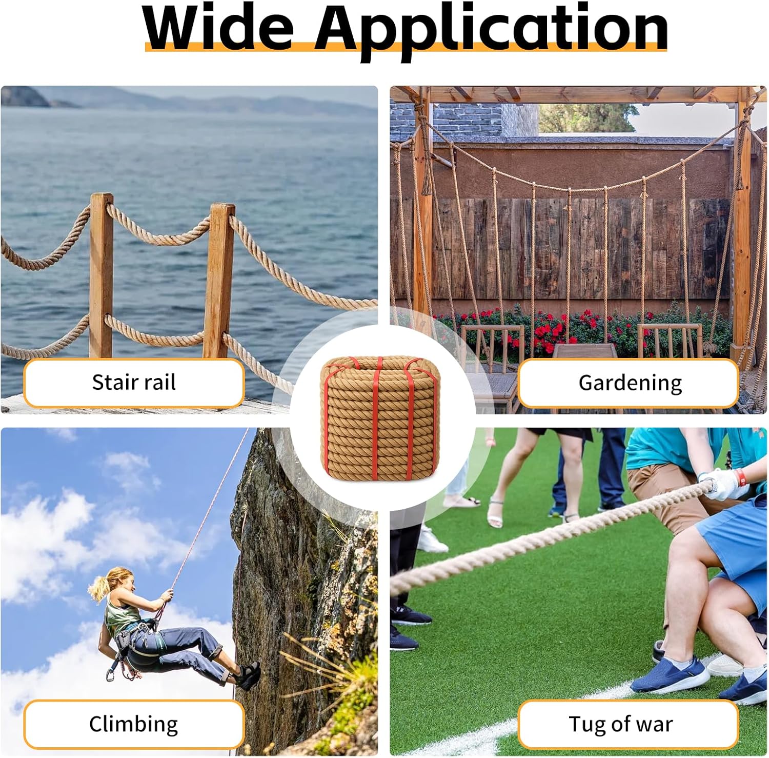 1.5 Inch x 100 FT Jute Rope, Twisted Manila Cord, Thick Hemp Rope, Ideal for Docks, Nautical, Railings, Climbing and Decorating