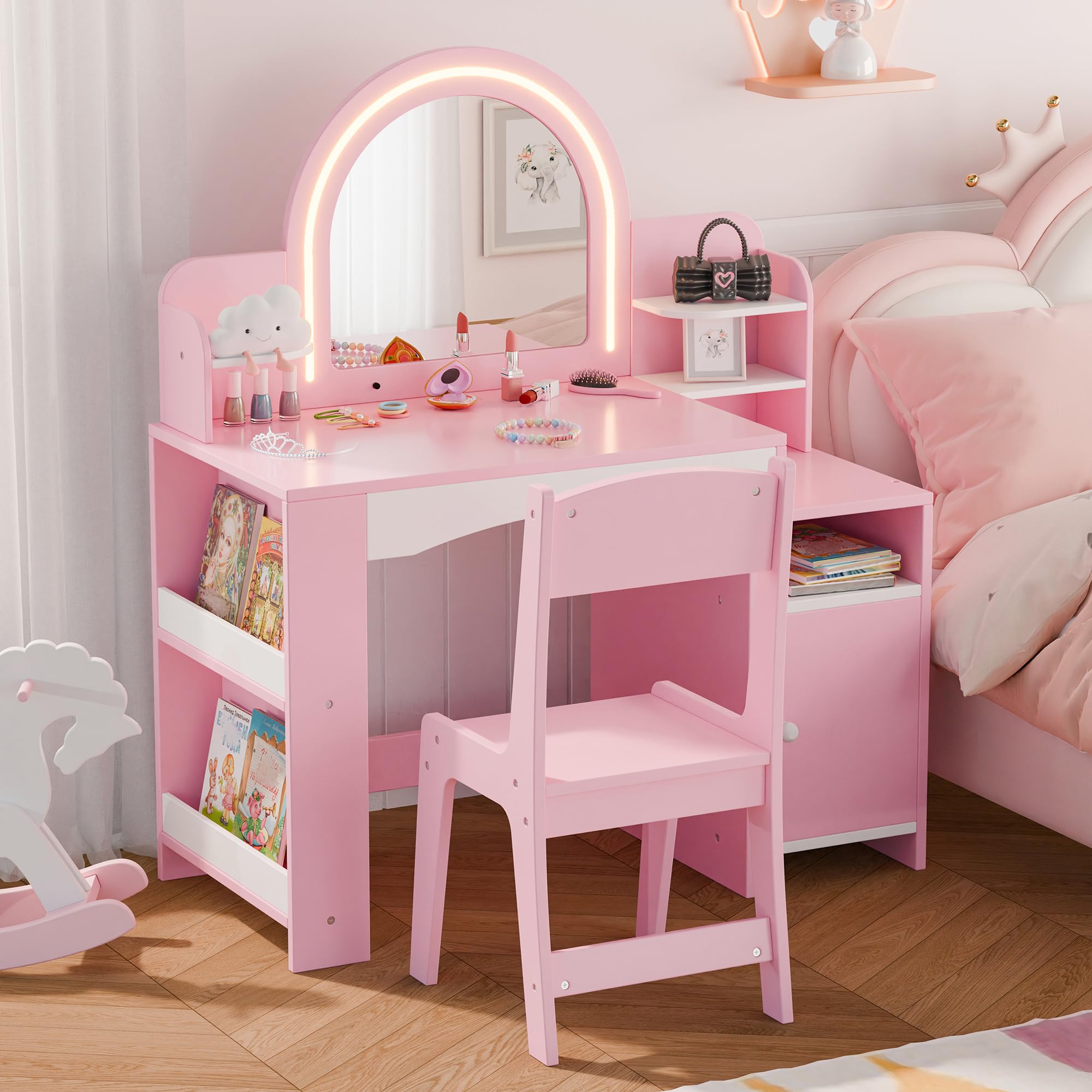MU Kids Vanity with Lights, Princess Makeup Vanity Desk with Open Bookshelf, Storage Cabinet & Shelves, 2 in 1 Toddler Vanity Table & Chair Set with