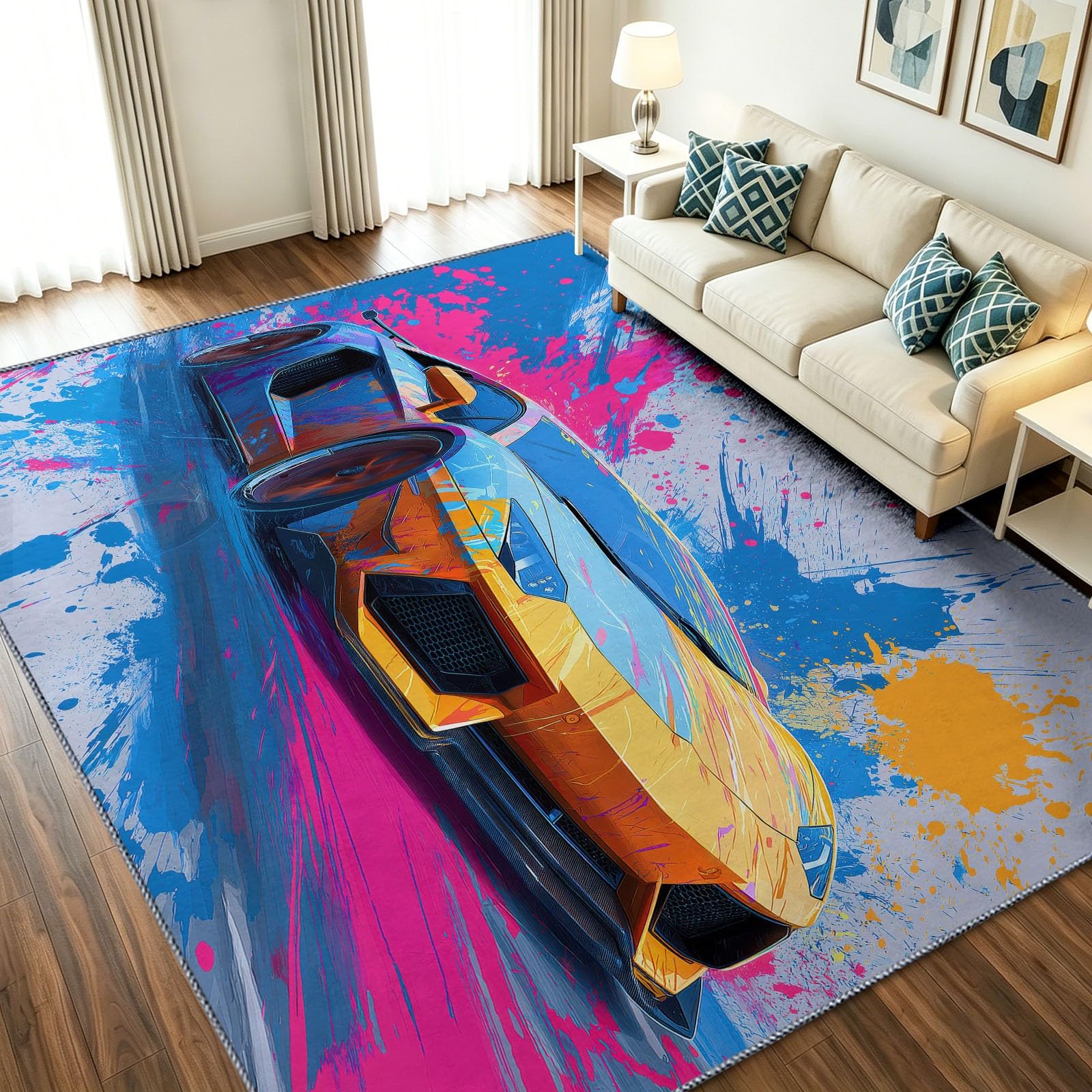 Alfombra antideslizante de coche deportivo para dormitorio infantil fácil de limpiar