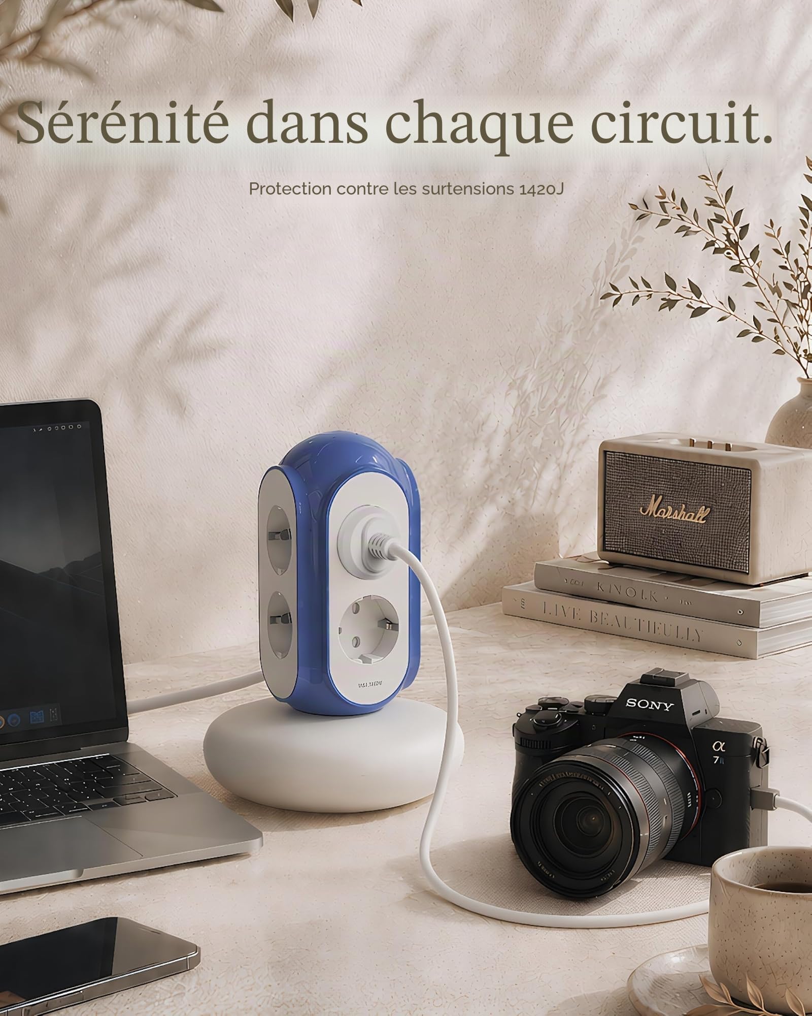 MiaoLab Multiprise Tour 6 Prises AC, 3680W/16A, Protection surtension 1420J, Base lestée 479g Anti-basculement, câble 2 m, Protection Surcharge (Beige Toscan)