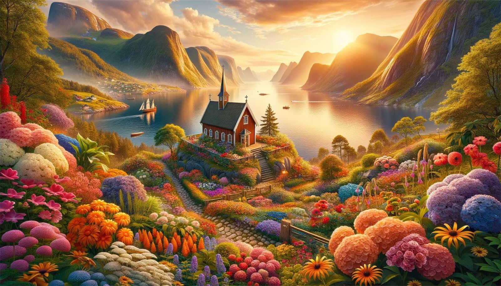 Puzzle dla dorosłych 5000 elementów, wymagające łamigłówki, gry logiczne dla całej rodziny, świąteczny prezent dla przyjaciół w pięknym opakowaniu (kościół kwiatów na morzu)