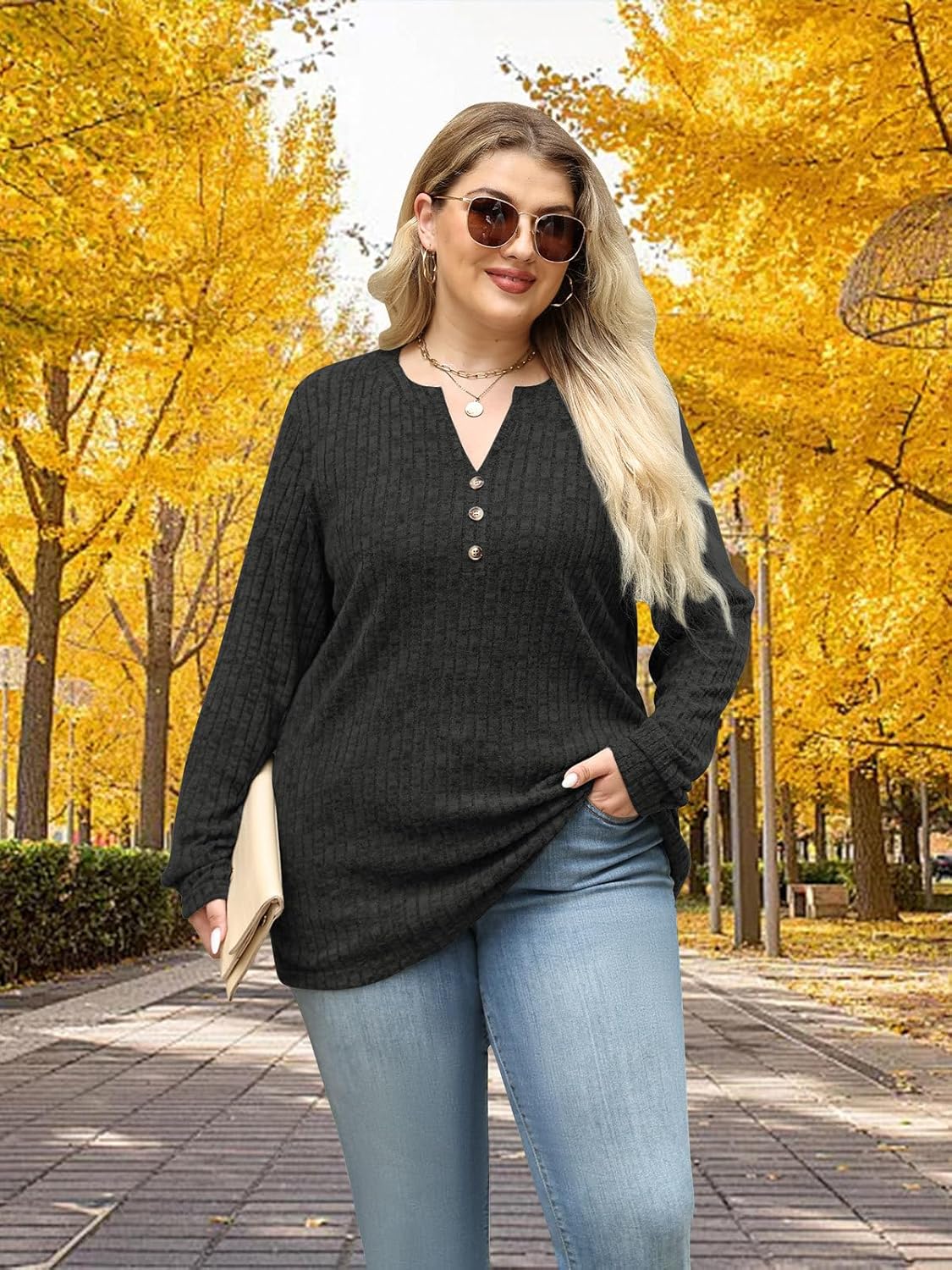 Plus Size Tops for Women Long Sleeve V Neck Button Down Shirts Casual Loose Tunic Sweaters Fall Winter Outfits L-4XL - Image 3
