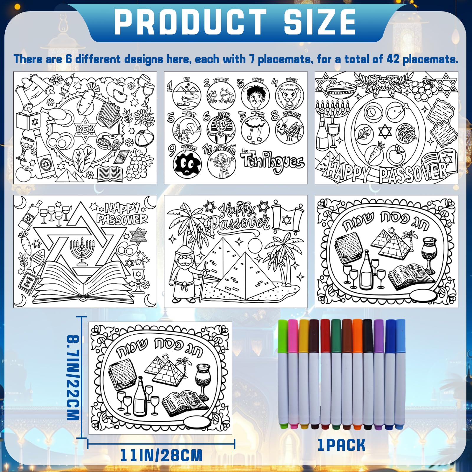 SYUCVQI 42 Pcs Passover Coloring Placemats Disposable Table Mats with Pens DIY Passover Coloring Paper Mats Table Passover Decors for Pesach Holiday Passover Theme Dinner Party Supplies - Image 2