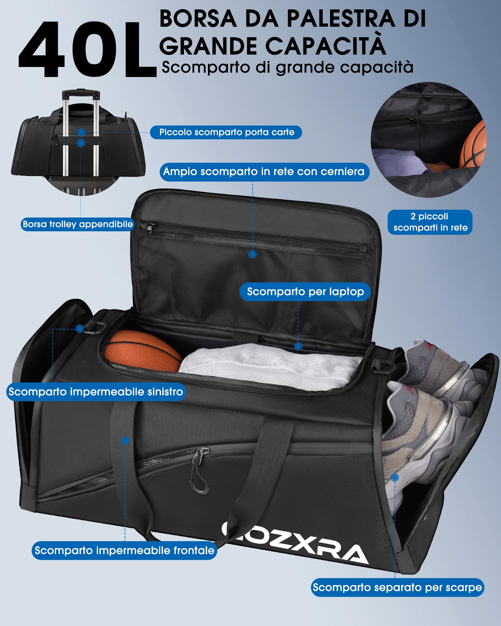 Borsone per Uomo, 40L Borsone Palestra Uomo con Porta Scarpe e Tasca, Impermeabile Borsone Sportivo Uomo per la Palestra, il Campeggio, i Viaggi di Lavoro e i Viaggi