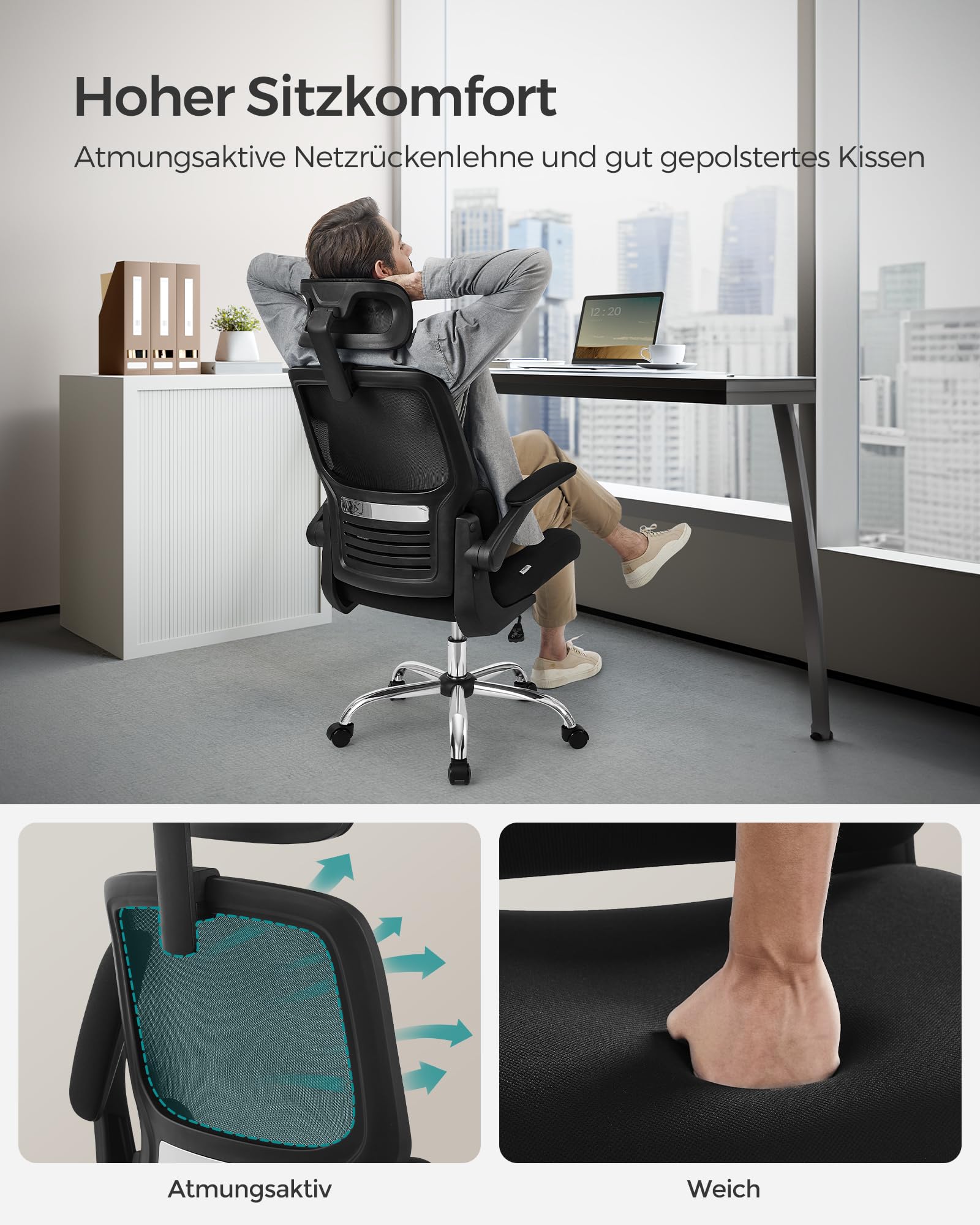 SONGMICS Bürostuhl, Schreibtischstuhl, ergonomisch, klappbare Armlehnen, hohe Rückenlehne, Netzstuhl mit Lendenwirbelstütze und Verstellbarer Kopfstütze, Wippfunktion, tintenschwarz OBN040B01