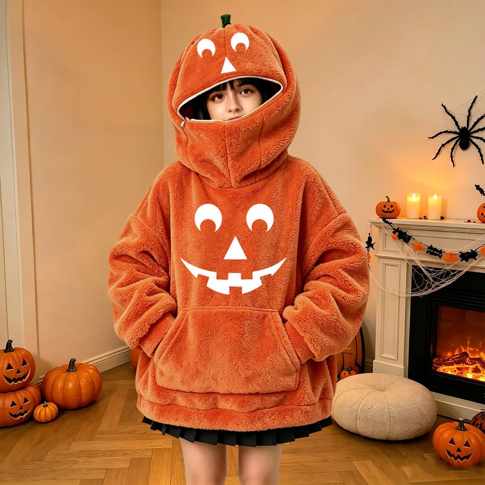 Sudadera con capucha de calabaza mullida para niñas