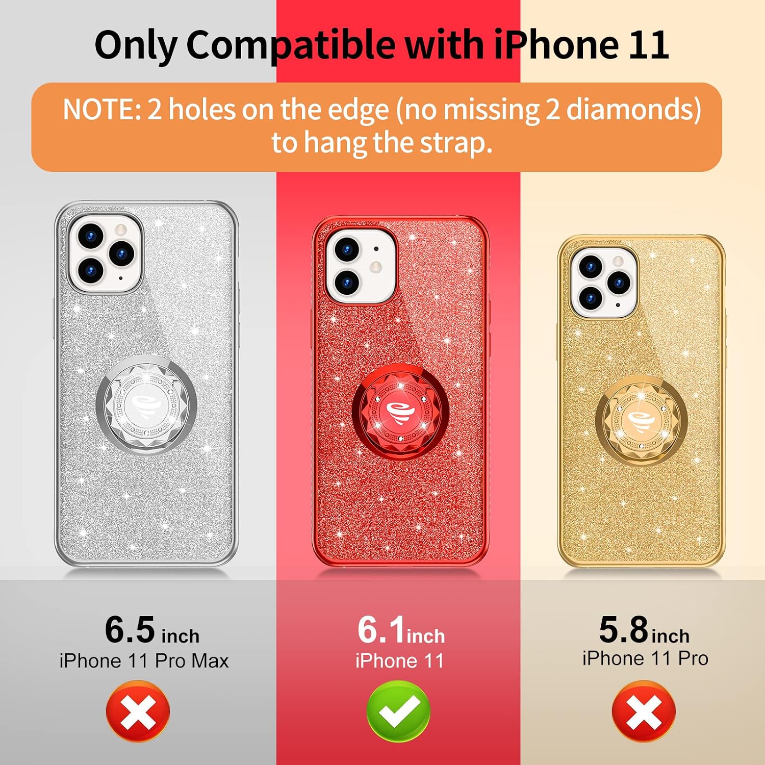 OCYCLONE for iPhone 11 Case, Sparkle Glitter Diamond Cover with Ring Stand, Cute Protective Phone Case Compatible with iPhone 11 Case for Women Girls 6.1 inch - Red