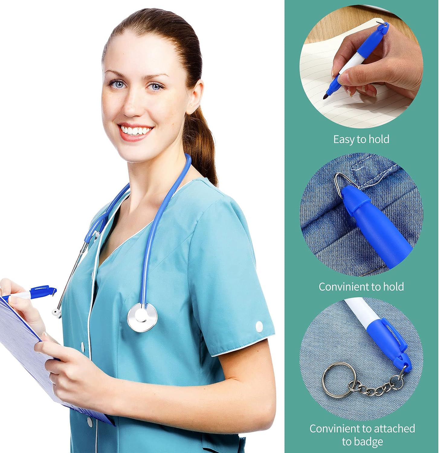 24 Pieces Mini Permanent Markers with Golf Keychain Clips for Nurses Badge Medium Point Ink Pens for Office School Nurses Supplies Outdoor Activities (Blue)