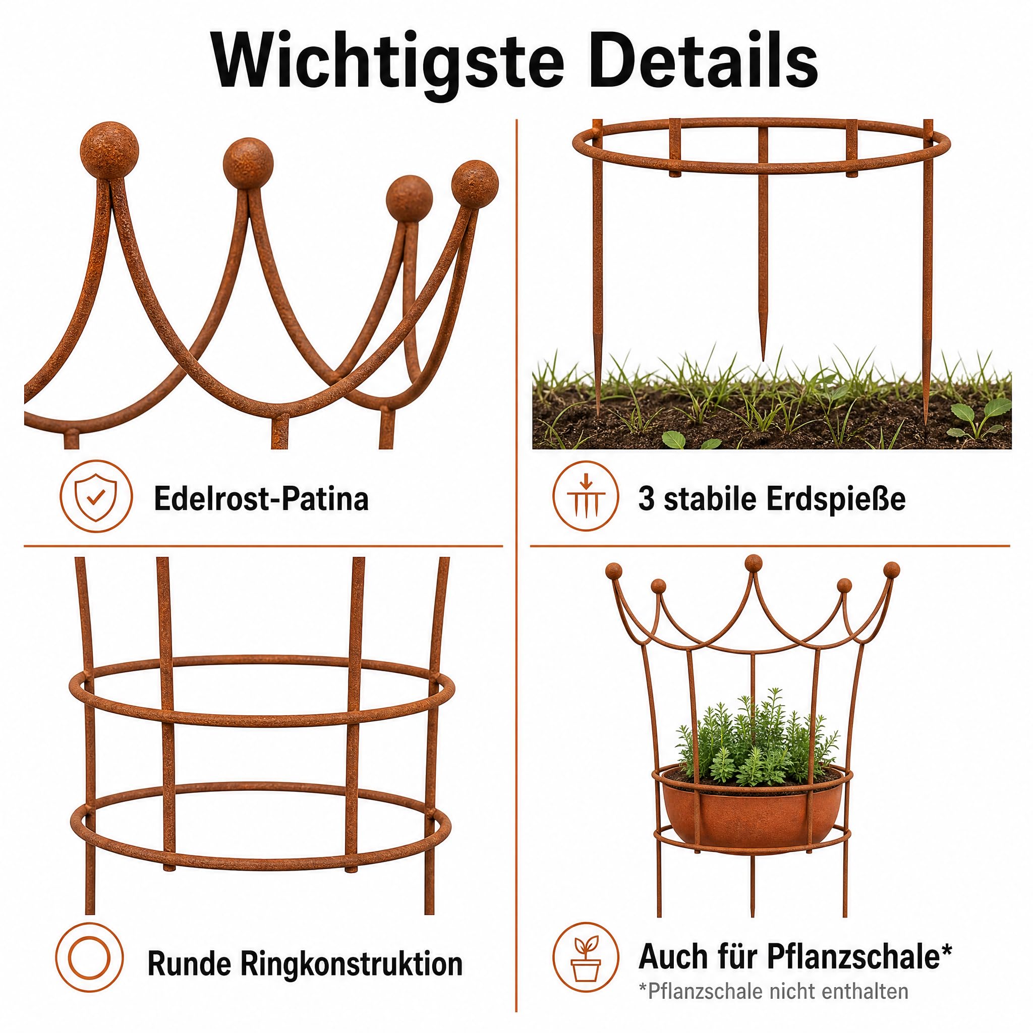 Pflanzenstütze in Edelrost, Staudenstütze Metall in Kronenform, Rankhilfe Garten & Rosenstütze, bepflanzbar, wetterfest, 60 × 50 cm, dekorative Gartendeko Vintage