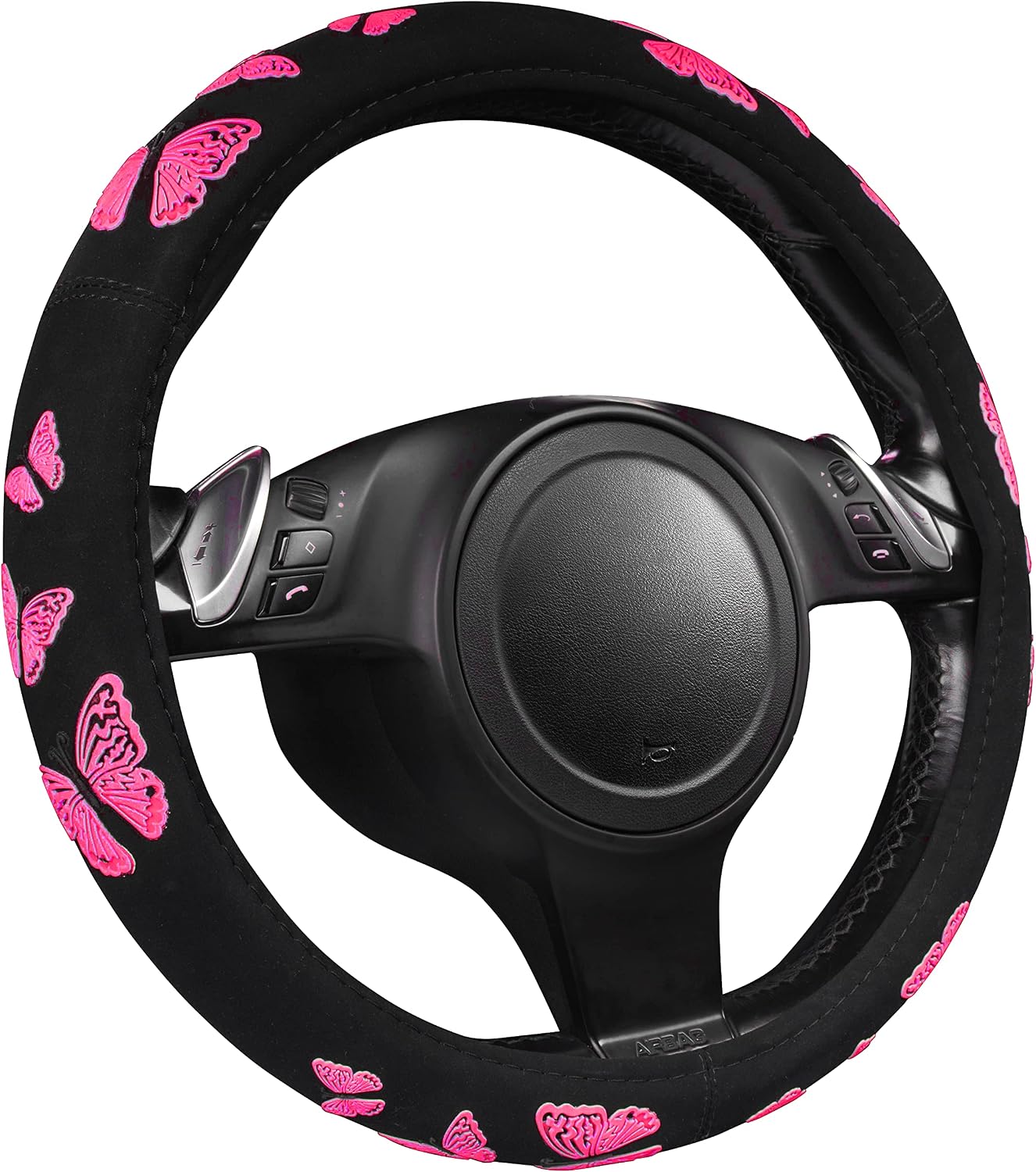 Car Pass Hot Pink Butterfly Steering Wheel Cover, Universal Fit for Suvs, Trucks, Sedans, Cars for Cute Women Girly (Hot Pink)