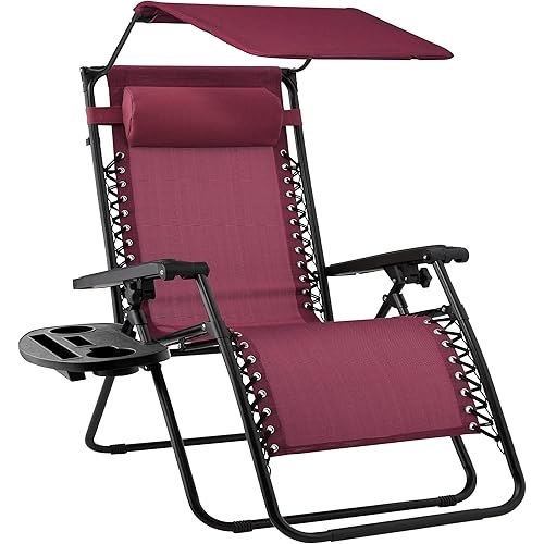 Best Choice Products Folding Zero Gravity Outdoor Recliner Patio Lounge Chair w/Adjustable Canopy Shade, Headrest, Side Accessory Tray, Textilene Mesh - Burgundy