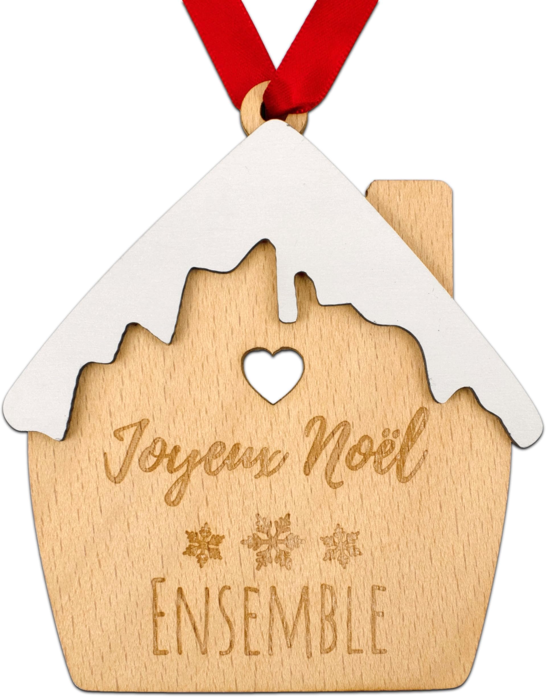 ERNESTINE - Personalised Christmas Ball Snowy House Christmas Set - Engraved Tree Decoration for the Family - Handmade Wooden Ball - Party Decoration Made in France