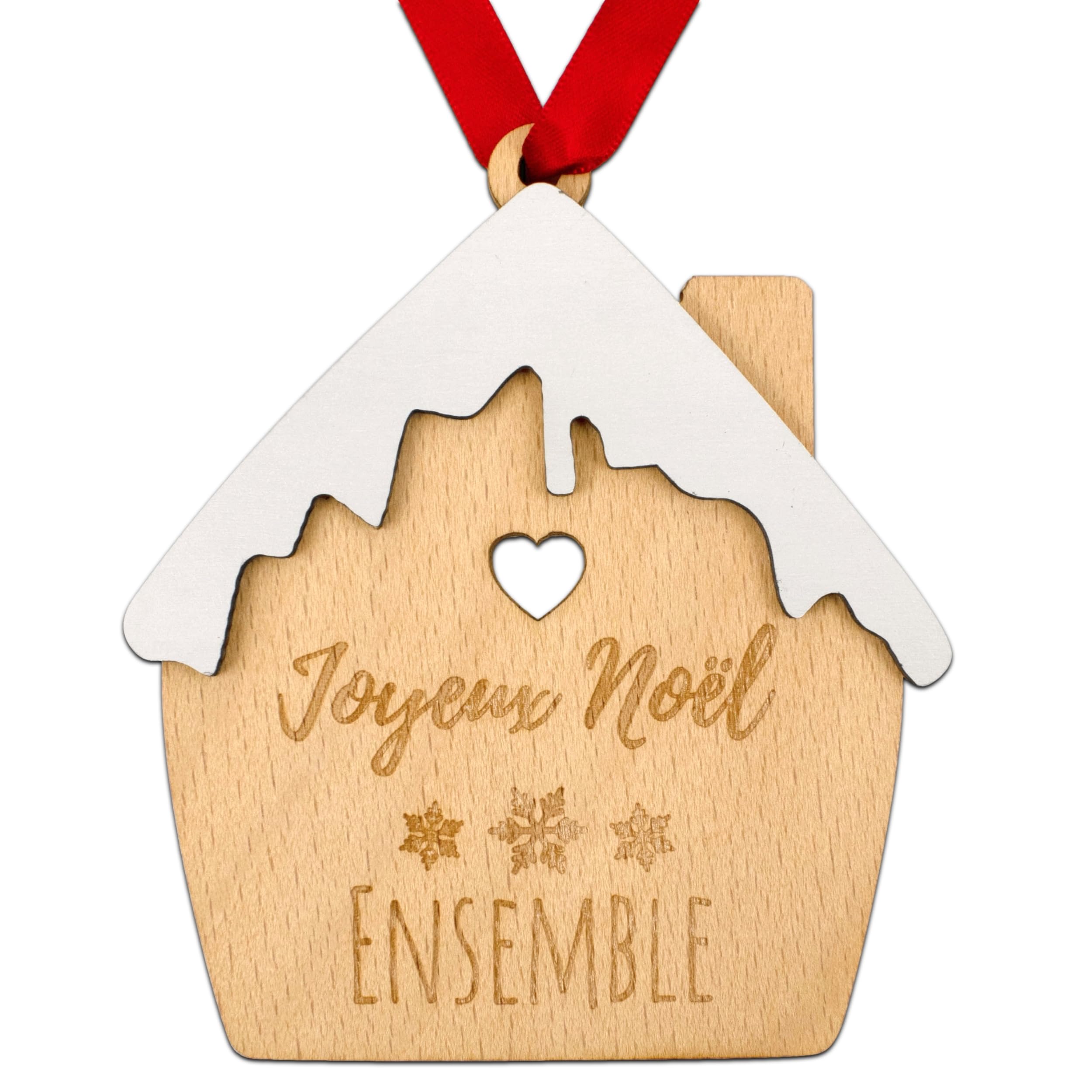 ERNESTINE - Personalised Christmas Ball Snowy House Christmas Set - Engraved Tree Decoration for the Family - Handmade Wooden Ball - Party Decoration Made in France