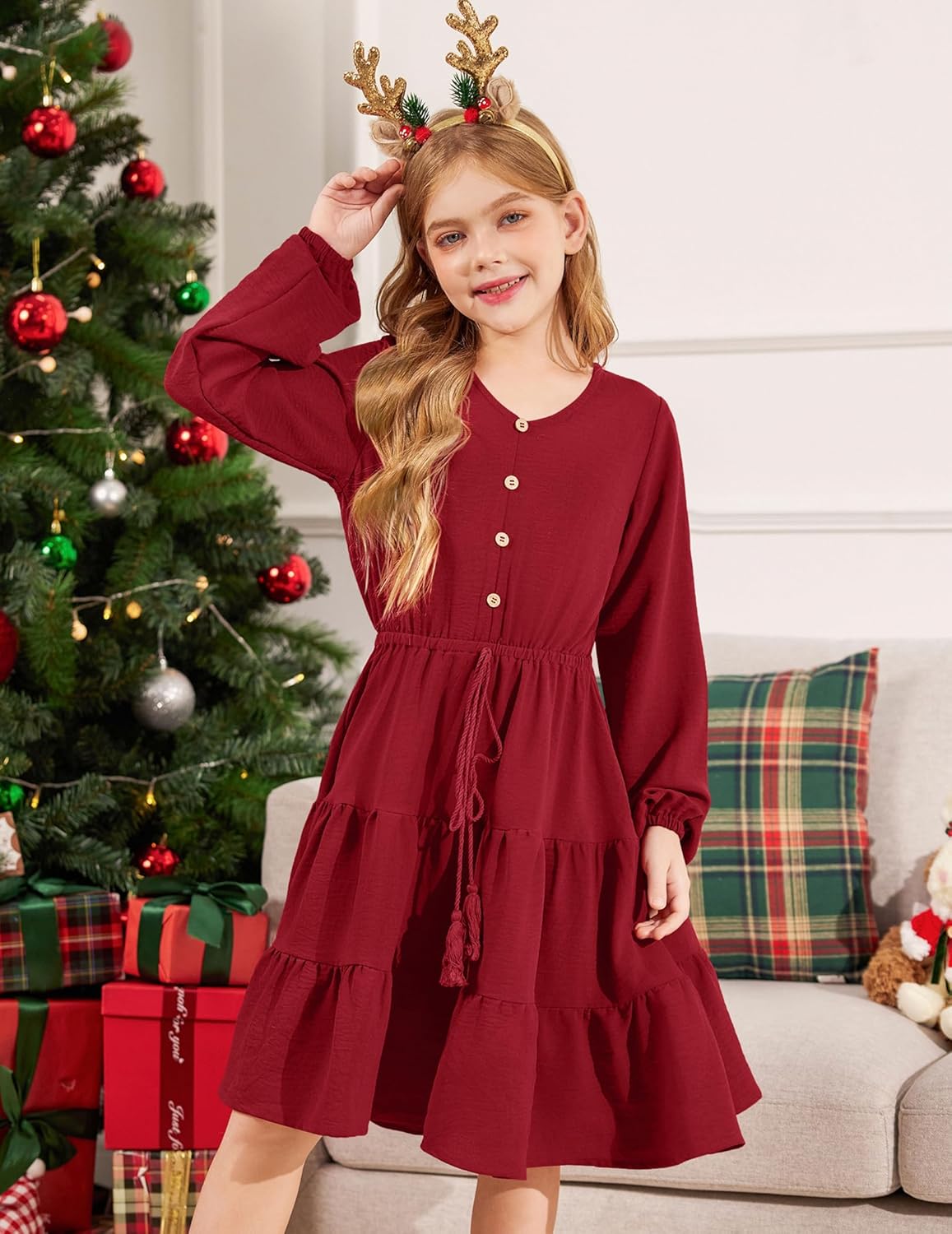Arshiner Tween Girls Dresses Fall Long Sleeve V Neck Waist Tie Ruffle Tiered Swing Skater Dress - Image 3