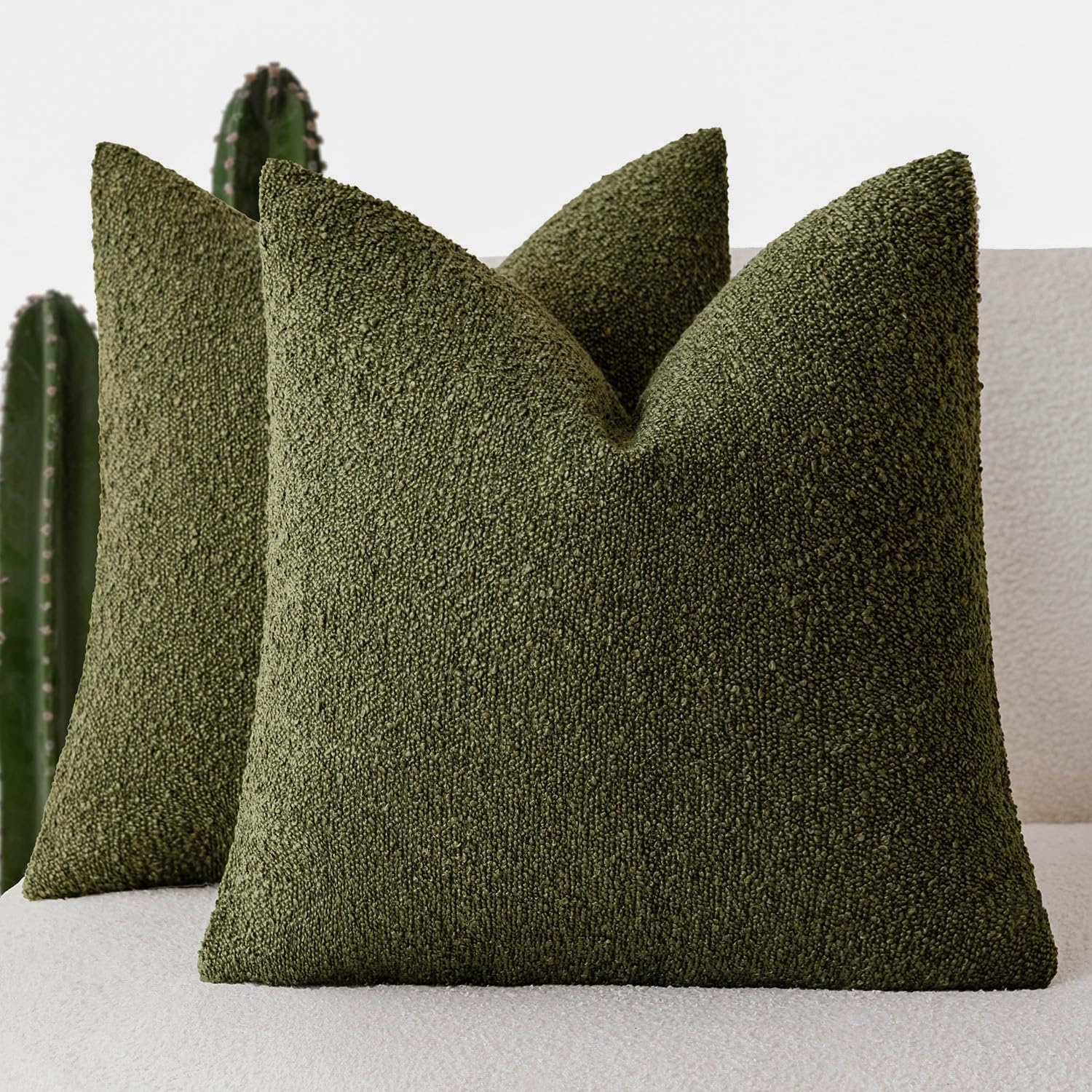 Foindtower Pack of 2, Decorative Textured Boucle Throw Pillow Covers Neutral Accent Solid Pillow Cases Cozy Soft Couch Cushion Case for Chair Sofa Bedroom Living Room Home Decor 22x22 Inch Moss Green