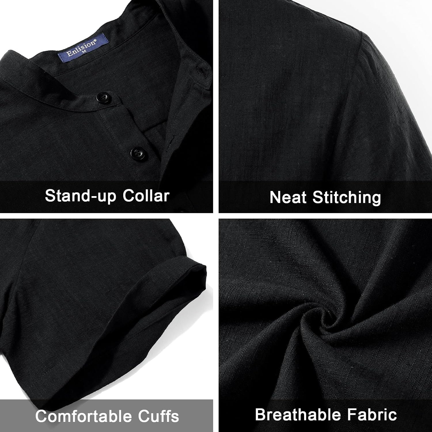 Enlision Mens Cotton Linen Henley Shirts Casual Short Sleeve Shirt Summer Beach Hippie Tshirt Band Collar Shirt for Men - Image 5