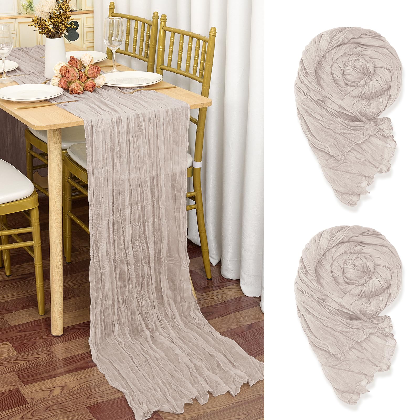 YMHPRIDE 2 Packs Cheesecloth Table Runner Brown Grey, 90x300cm Light Brown Rustic Gauze Fabric Boho Table Runner, Cheesecloth Wedding Table Decor for Wedding Party Bridal Shower Table Decorations — image 1