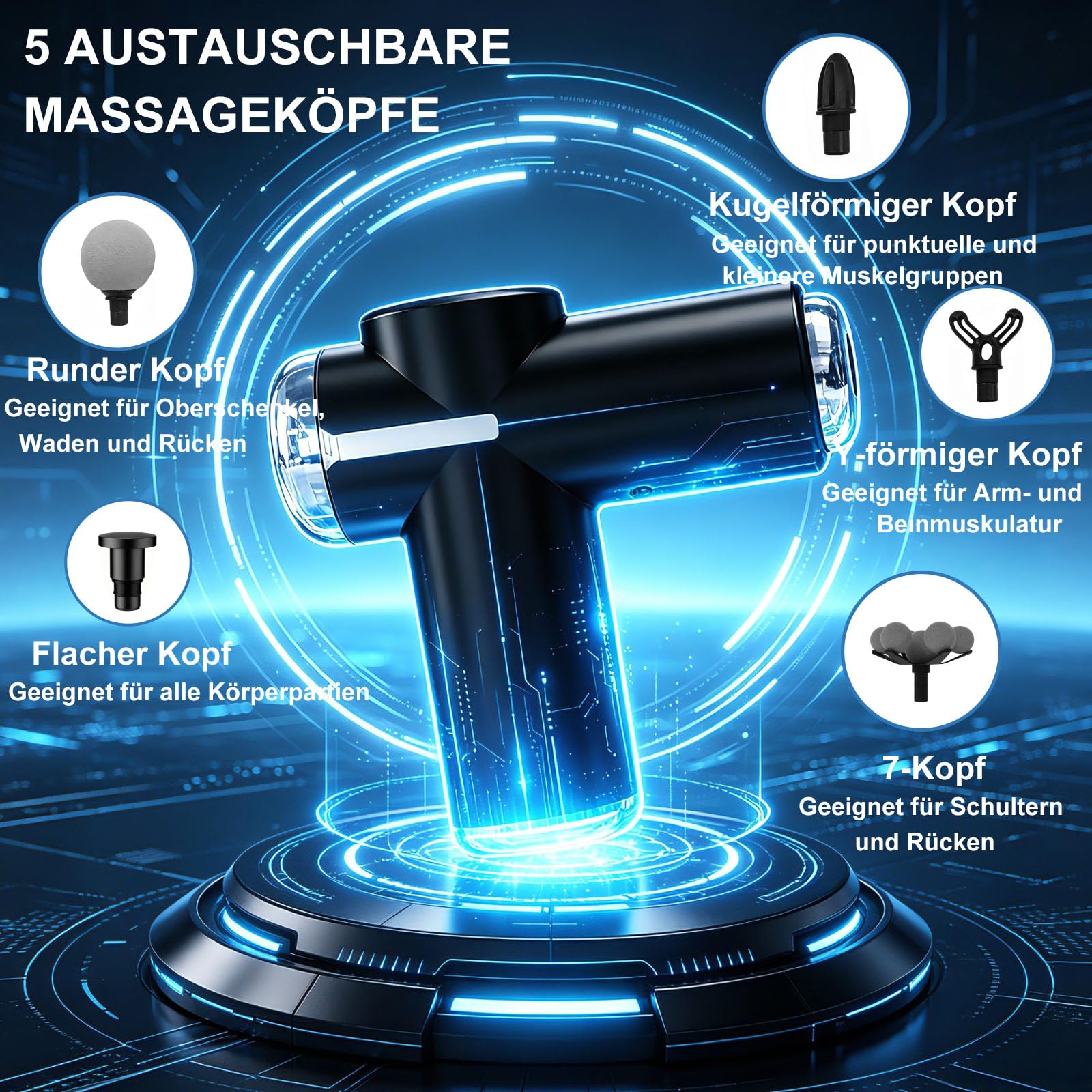 Tiefengewebe-Massagegerät, Muskelmassagegerät mit 6 Geschwindigkeitsstufen und 5 Massageköpfen, tragbares, leises Massagegerät zur Entspannung von Körper, Rücken und Schultern (Schwarz)