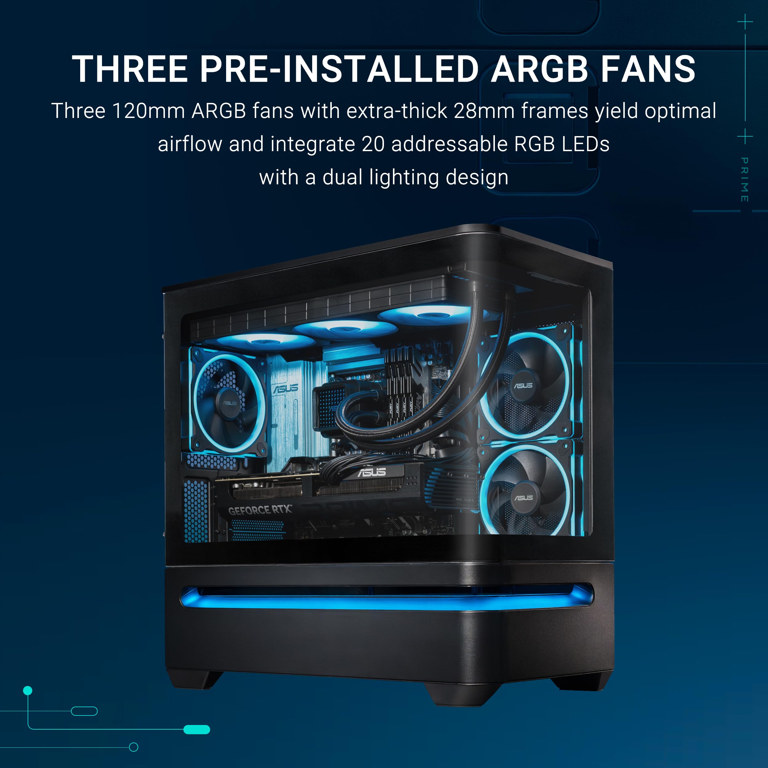ASUS Prime AP202 ARGB (Noir) – Boîtier PC mATX (Verre incurvé trempé, Prend en Charge Les Cartes Graphiques jusqu'à 420 mm, radiateurs de 360 ​​mm de Long, 3 Ventilateurs ARGB intégrés)