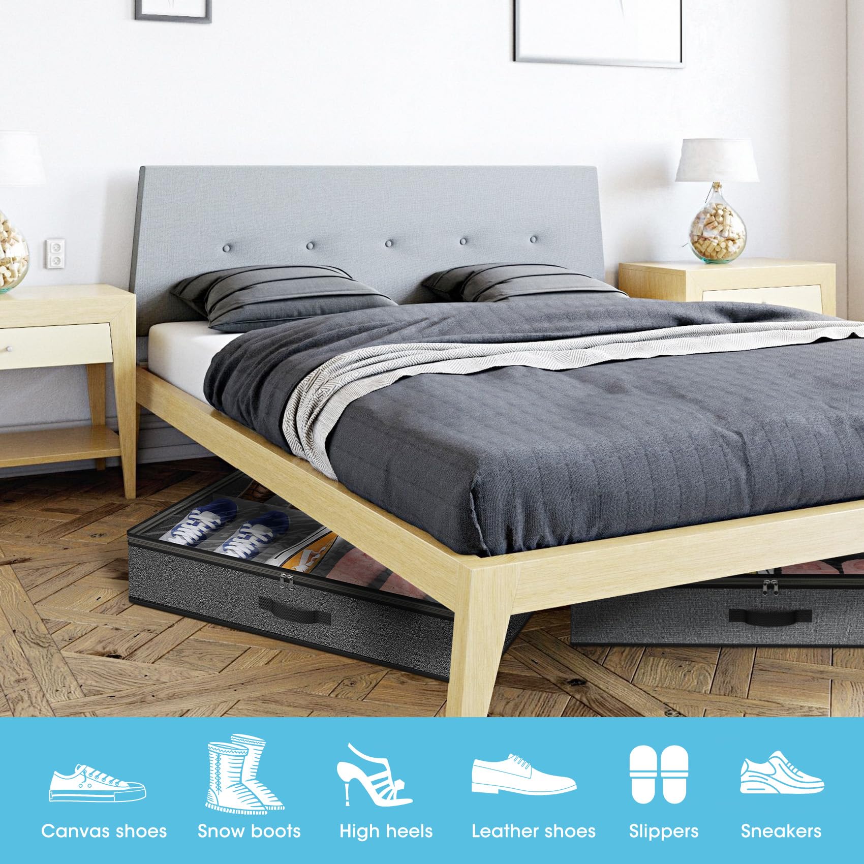Confezione da 2 organizer per scarpe sotto il letto, per un totale di 24 paia di scarpe, pieghevoli, sotto il letto, con manici robusti e finestra trasparente per dormitori, grigio