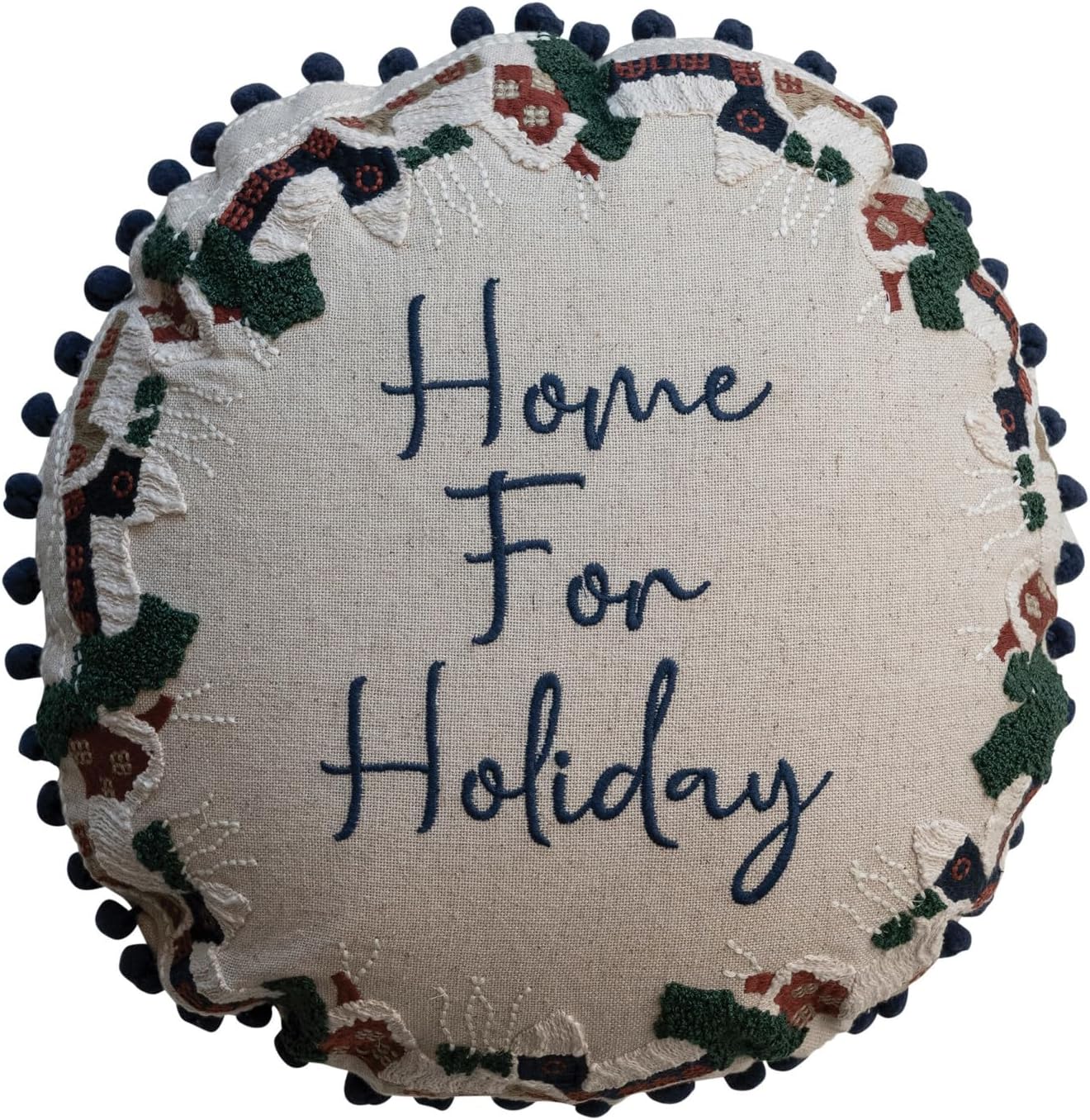 Creative Co-Op, Multicolor Round Cotton and Linen Pillow with Embroidered Houses Pattern